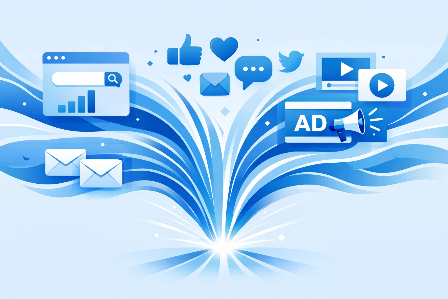 Digital marketing channels including SEO and social media working together