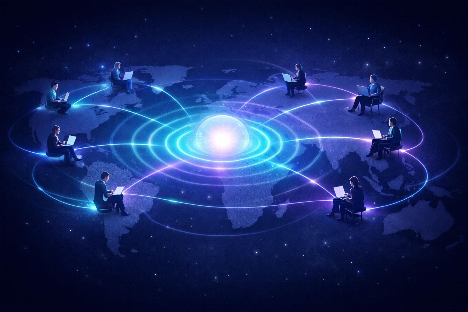 Conceptual map of a global remote team connected by AI tools for sentiment analysis and conflict resolution.