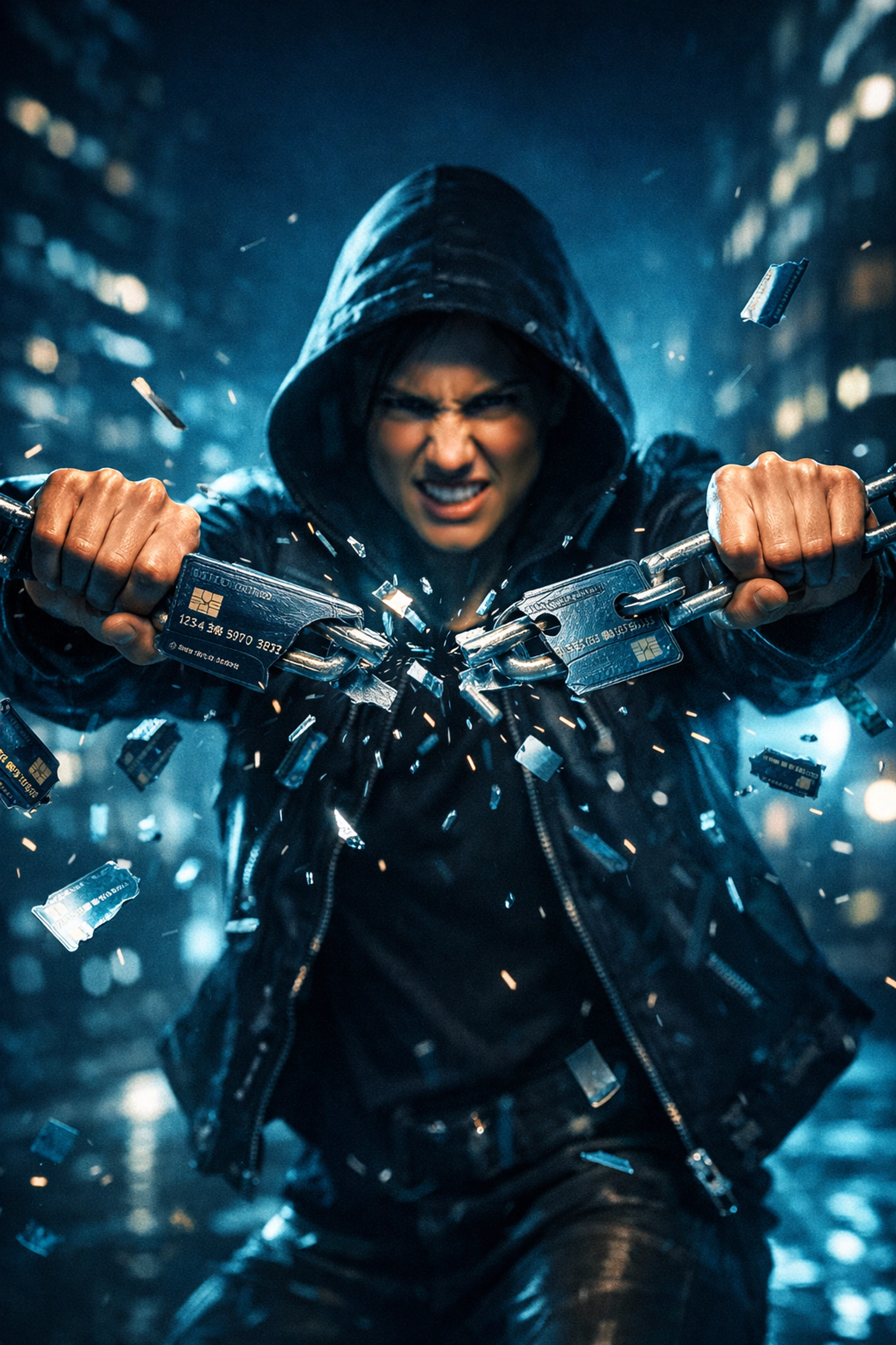 A person breaking a heavy chain made of credit cards to represent freedom from high-interest debt.