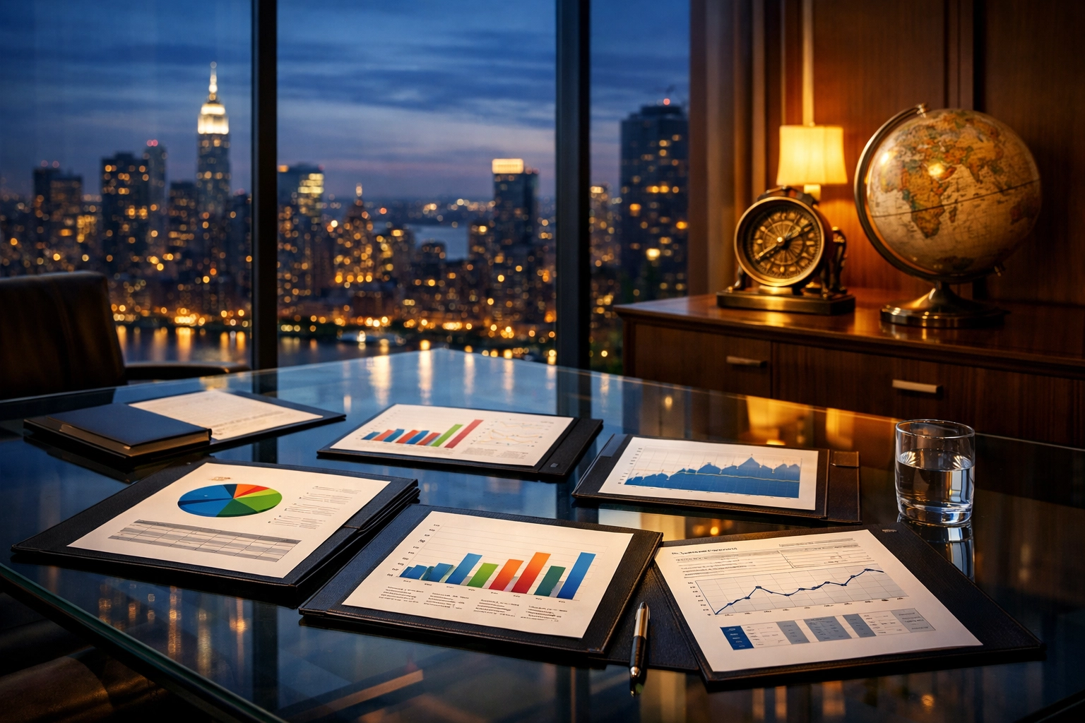 Investment office with strategic planning documents for private equity portfolio diversification