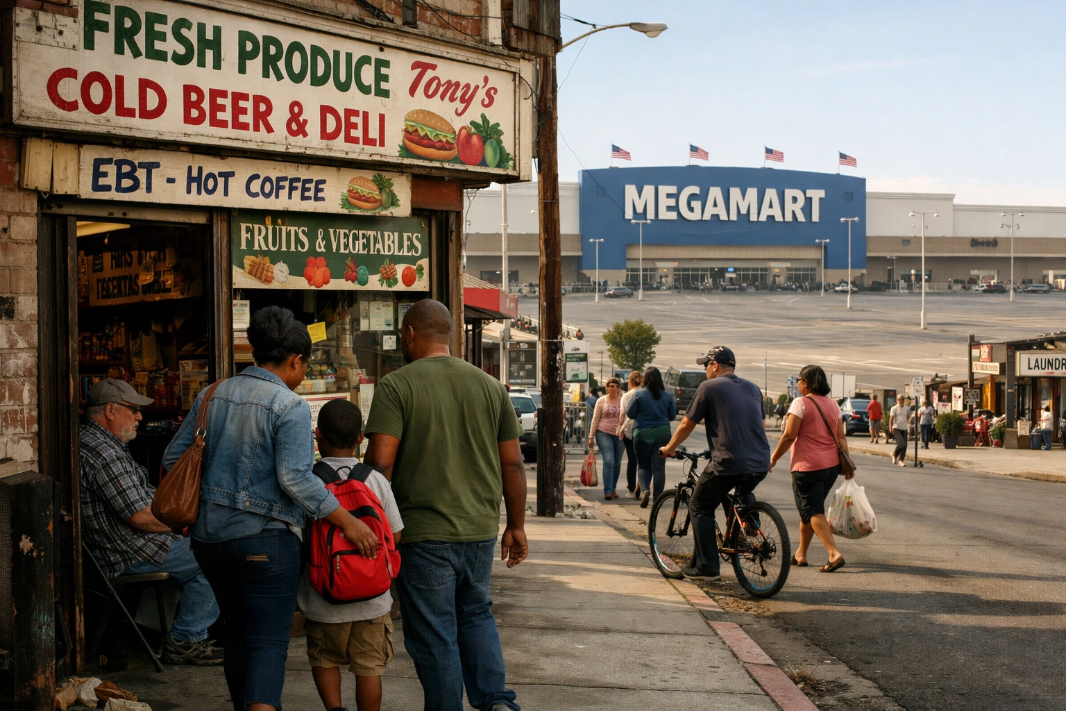 Local family shopping at neighborhood store versus distant big-box chain