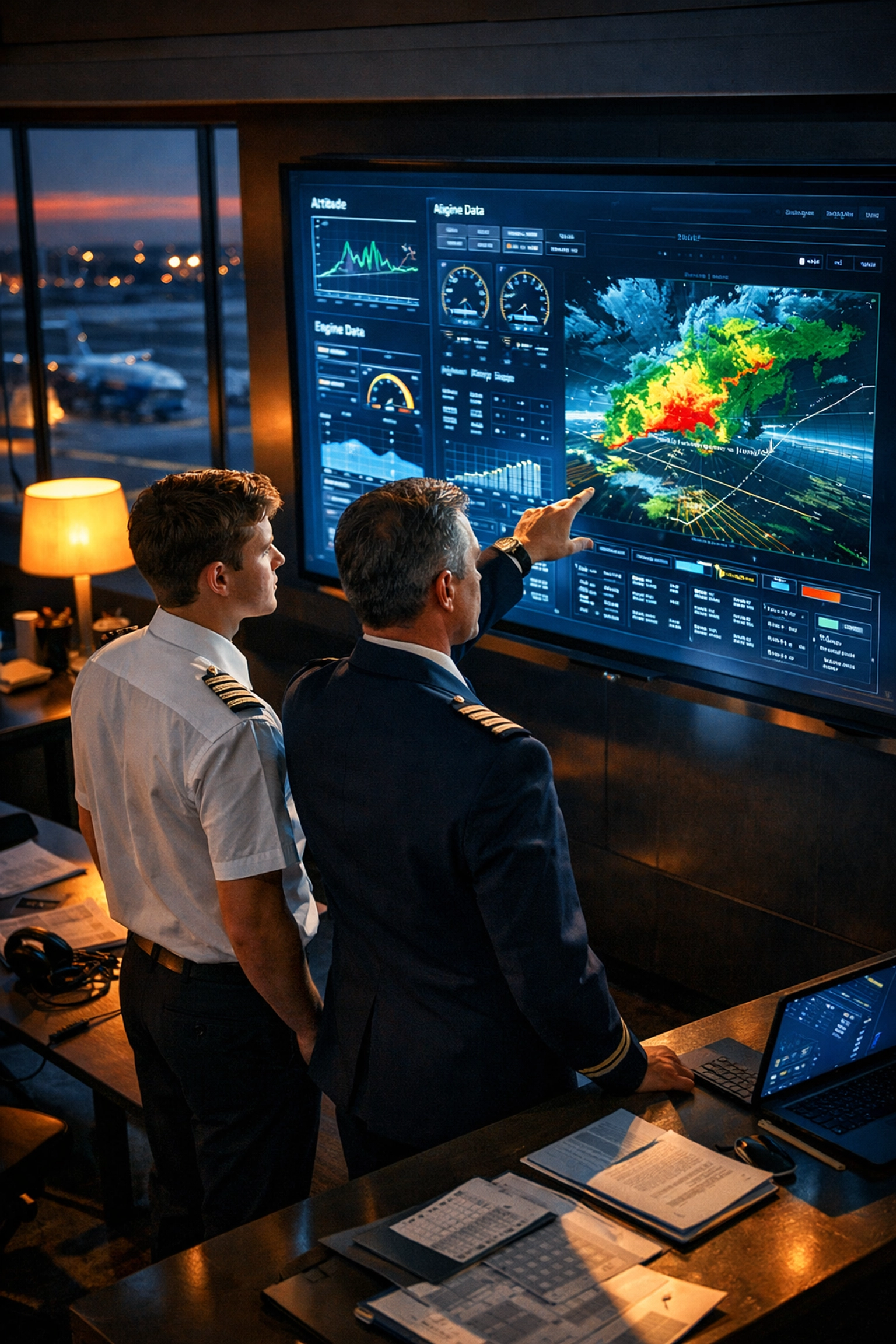 Flight instructor and student pilot reviewing flight data for professional airline pilot training.