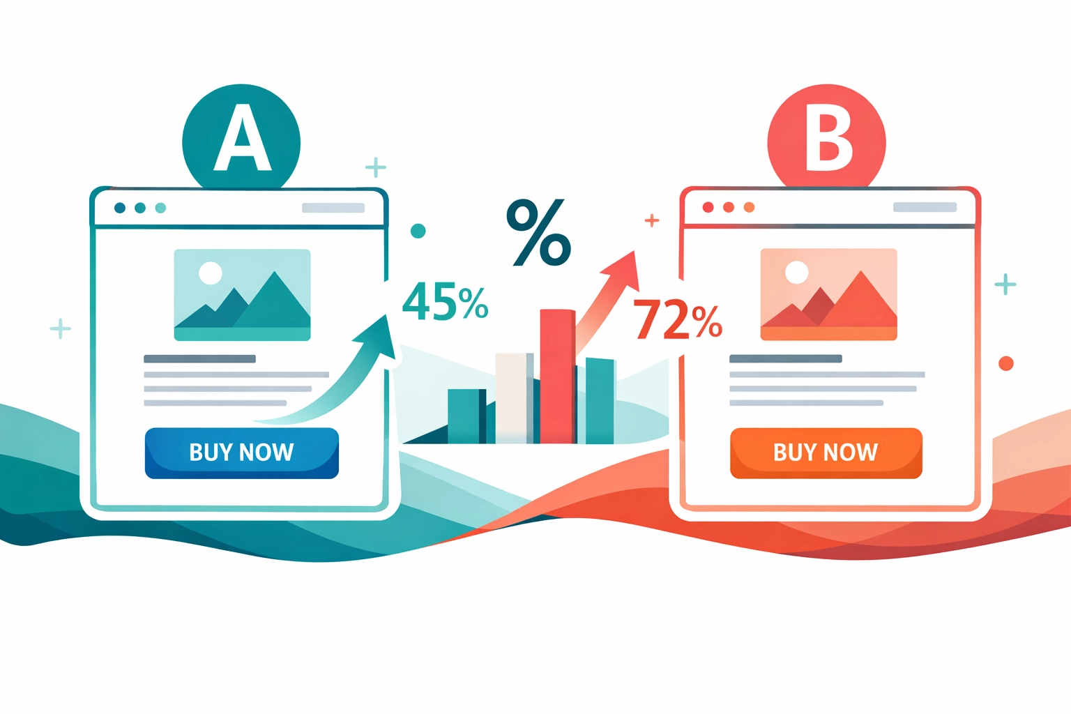 A/B testing comparison of two landing page variations with different CTA buttons and metrics