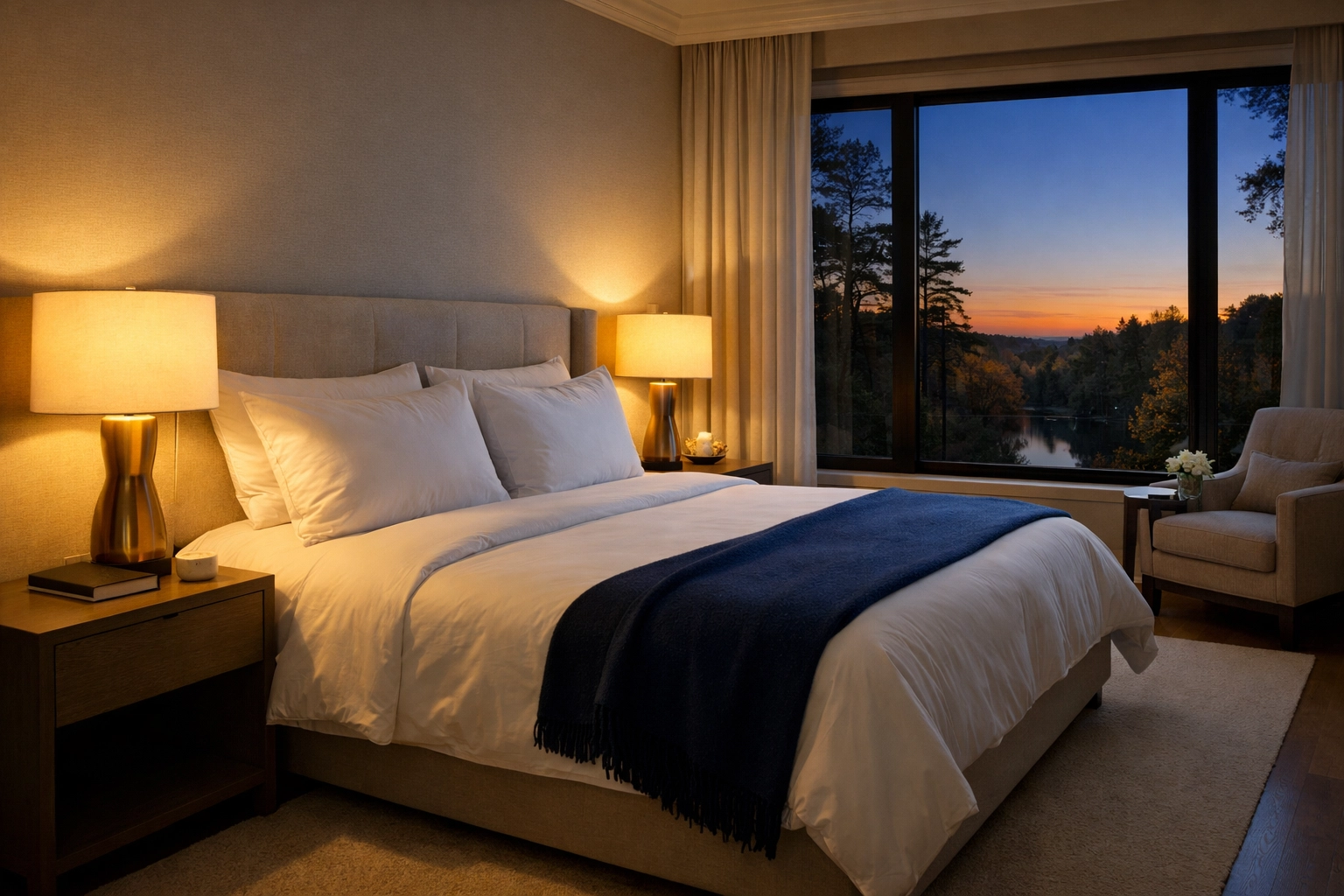 Dust-free luxury bedroom in a Dover mansion highlighting top-tier residential cleaning Massachusetts standards.