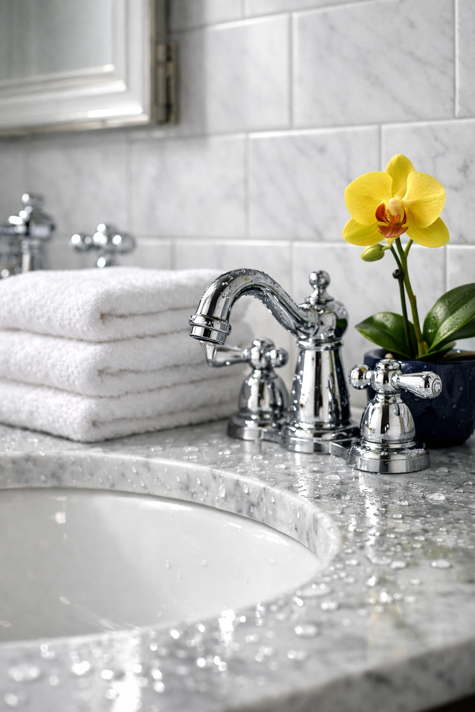 Deep house cleaning Cambridge MA on a luxury marble vanity in a historic West Cambridge home.
