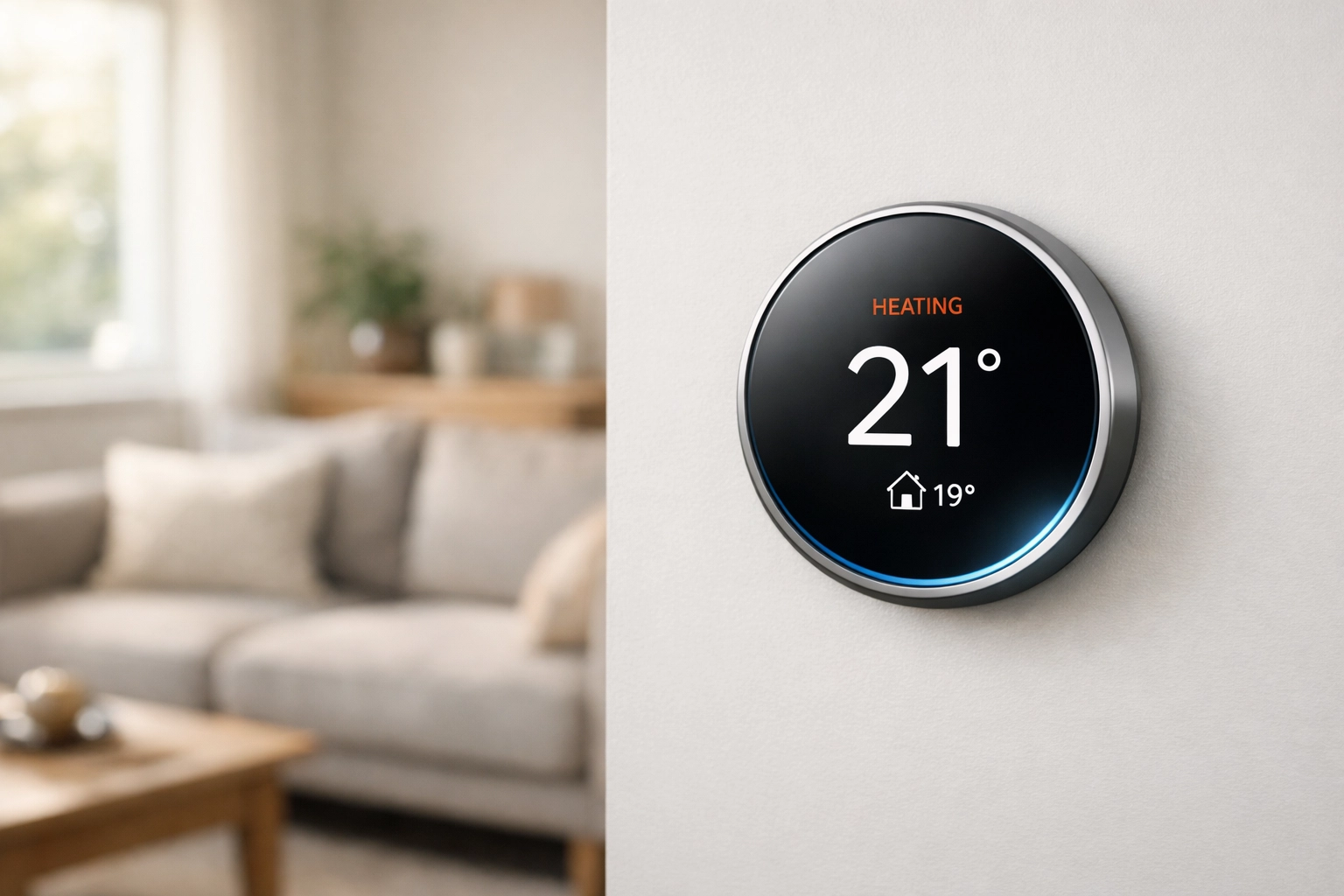 Smart thermostat installed on living room wall saving energy on heating bills