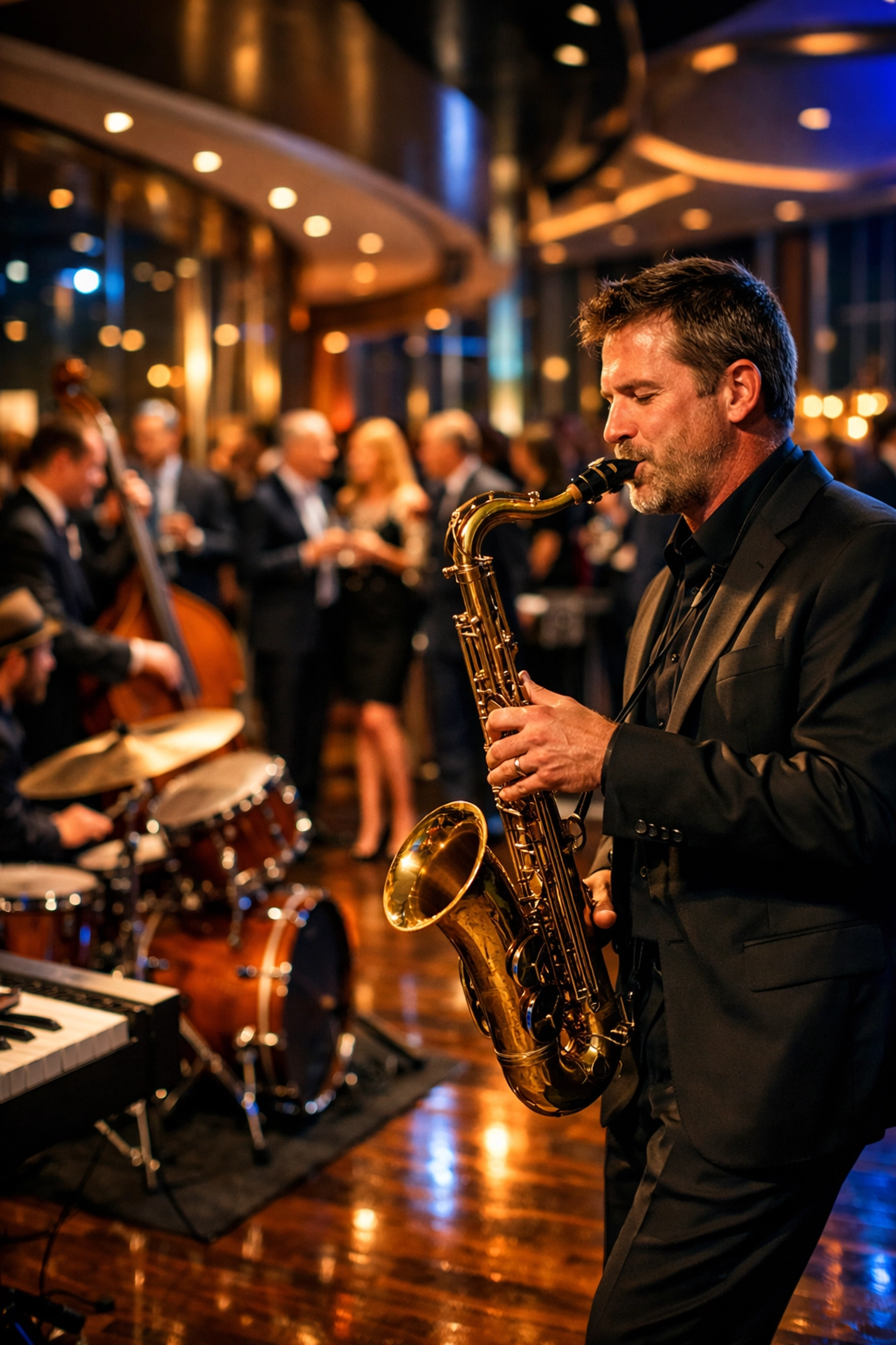 15 Super Bowl Brand Activation Ideas That Transform Passive Event Attendance Into Client Acquisition Live jazz performance at upscale corporate event with executives networking