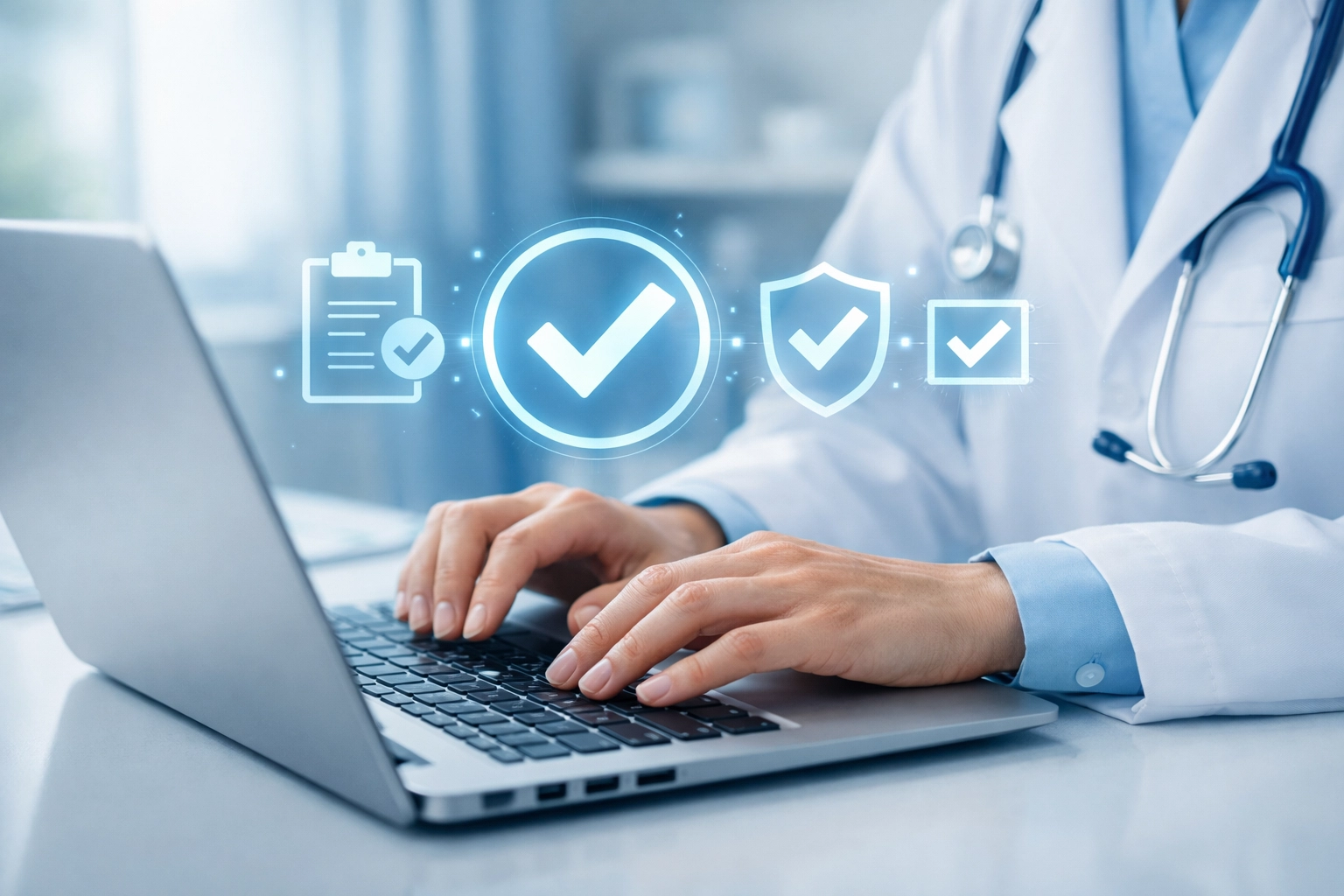 Healthcare professional using real-time validation software for clinical documentation compliance