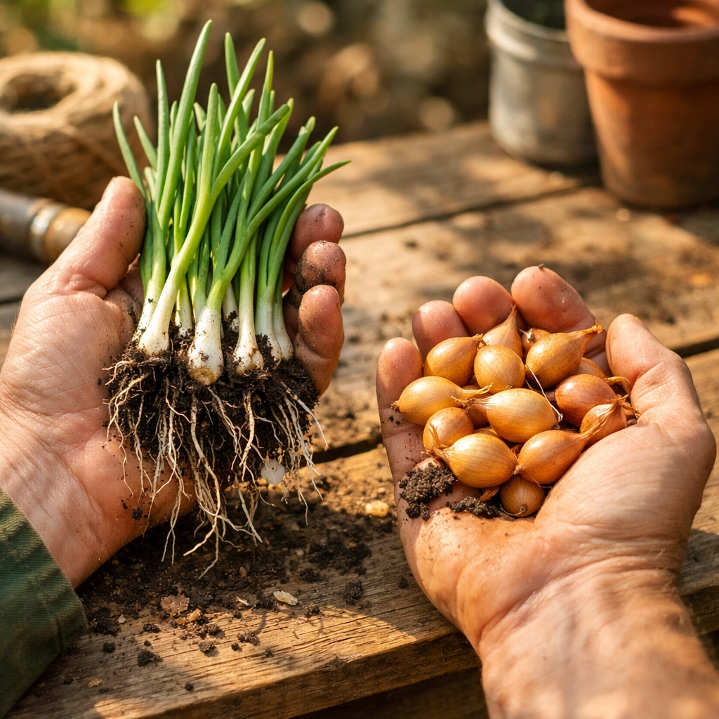Comparison of onion seedlings and onion sets held by gardener's hands