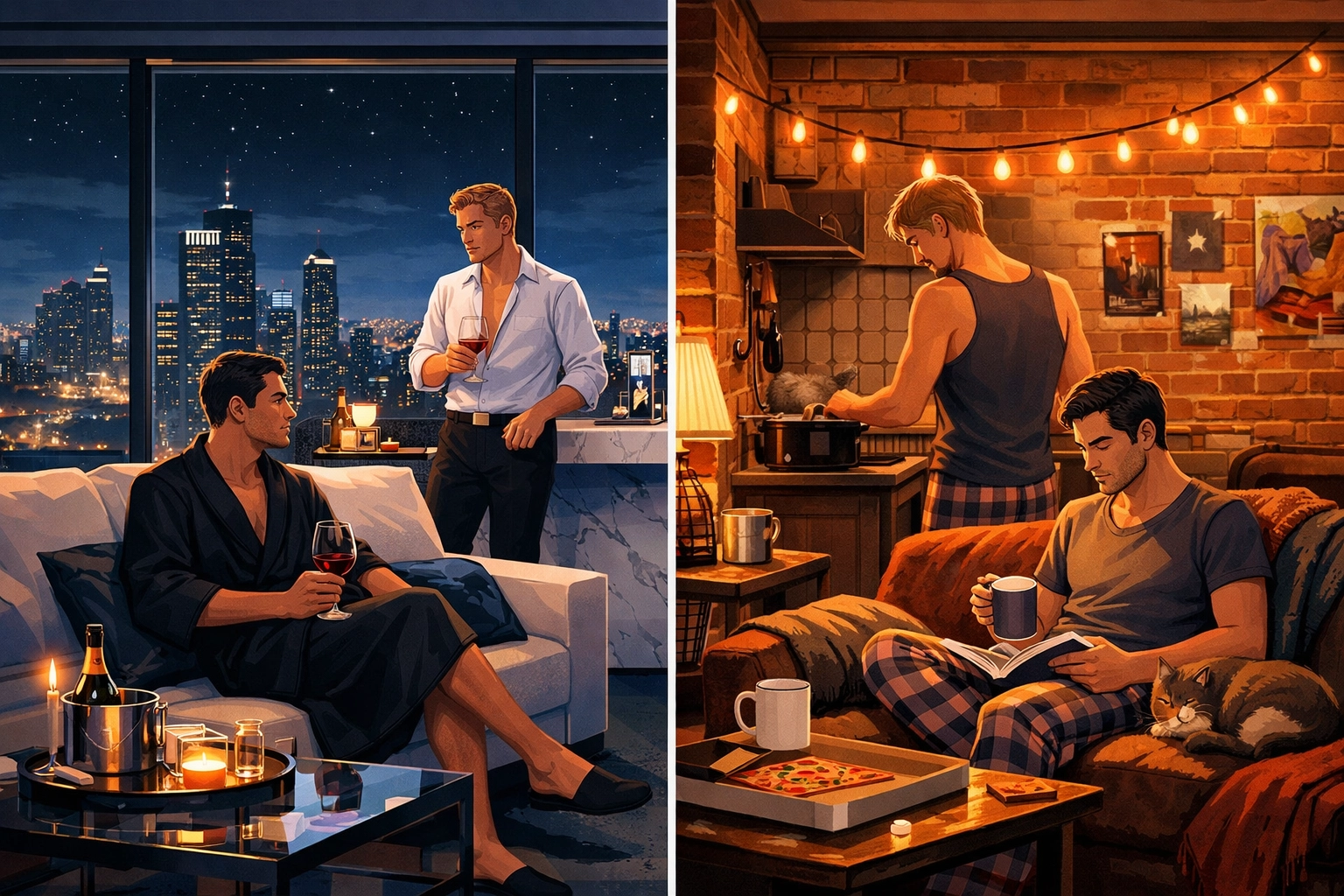 Luxury penthouse versus modest apartment illustrating wealth disparity in gay romance