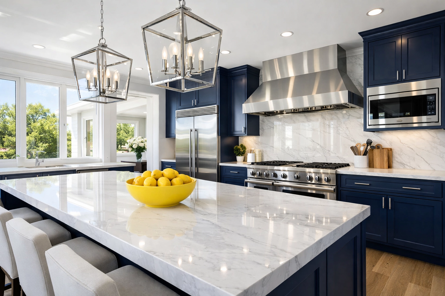 A sun-drenched modern kitchen after a professional deep cleaning Westborough service.