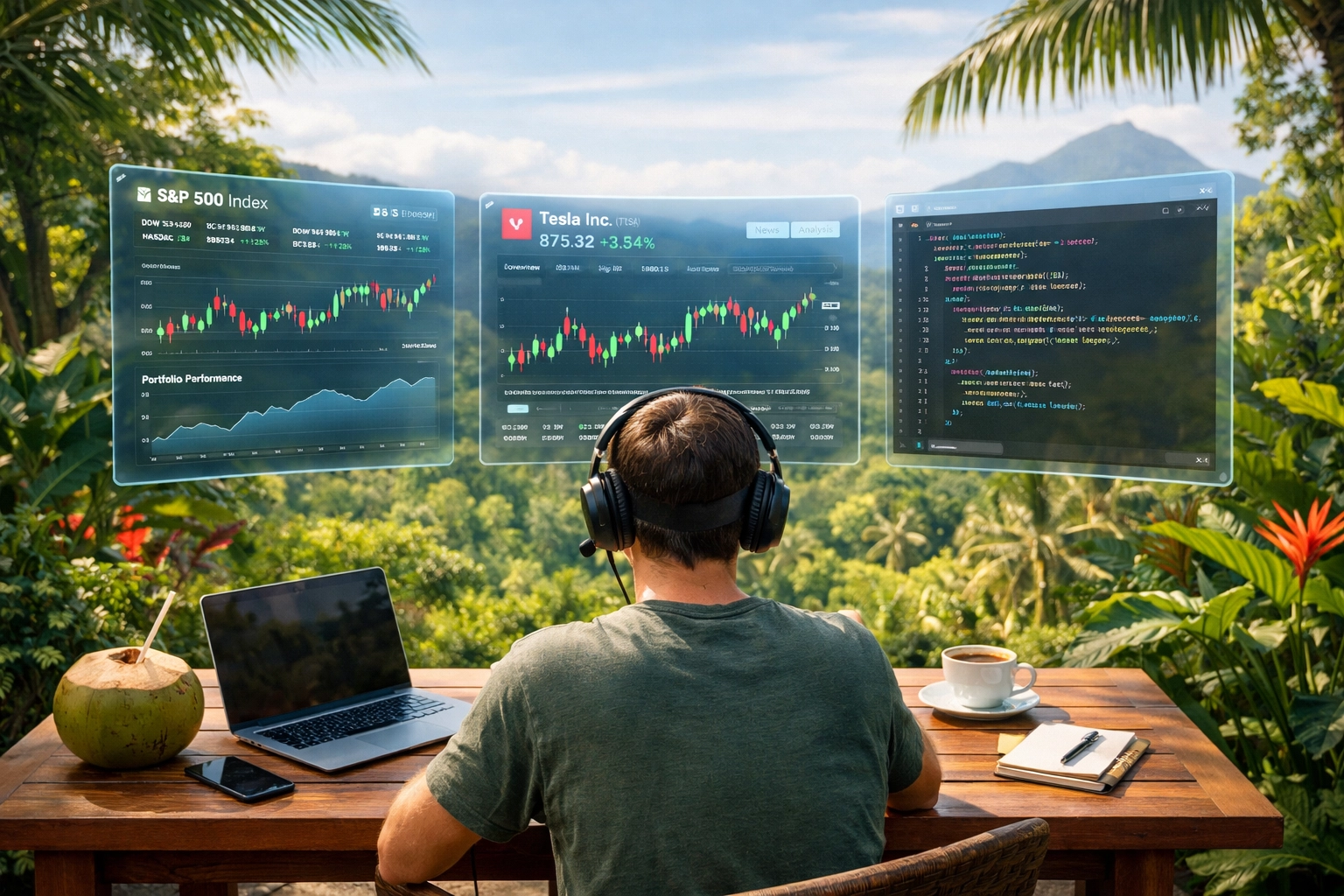 Digital nomad using a VR headset to view multiple virtual screens in an outdoor garden setting.