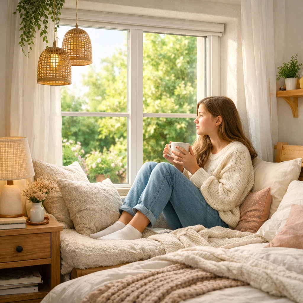 A teen girl relaxes in a peaceful bedroom at a youth residential treatment center designed for healing.