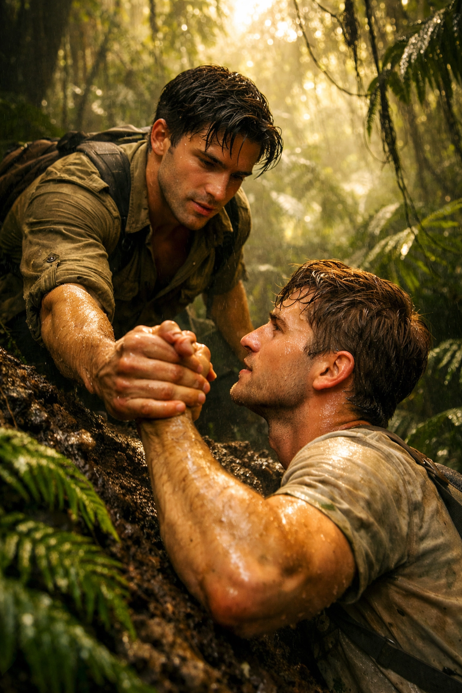 Two men trekking together through Amazon rainforest in MM romance adventure
