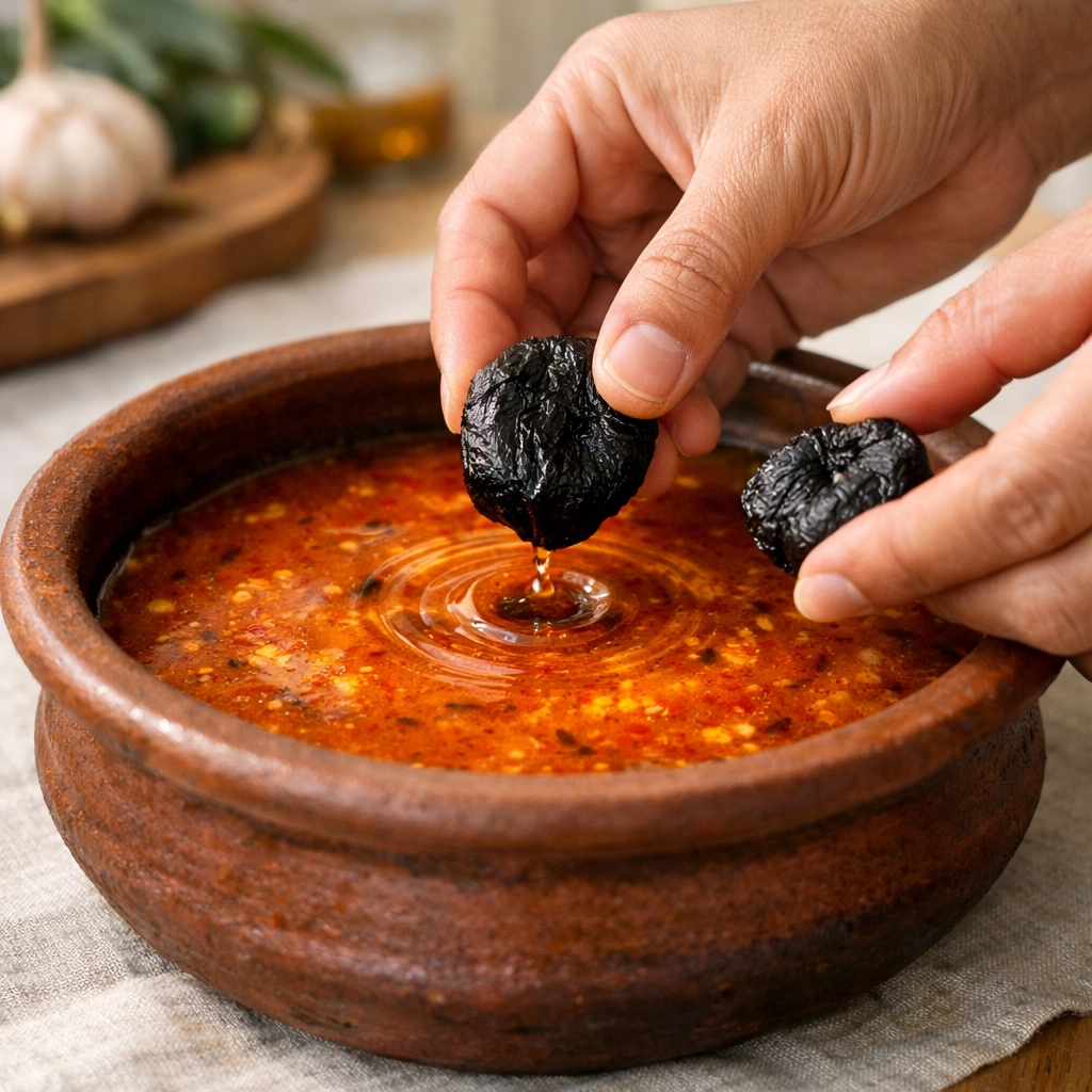 Adding dark Kudampuli rinds to a traditional Kerala fish curry for authentic flavor.