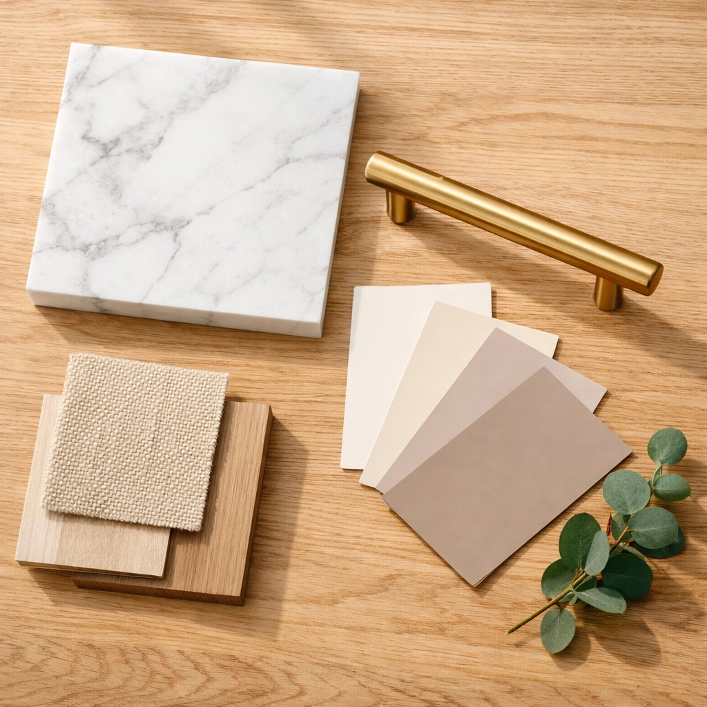 A curated mood board featuring marble and gold finishes for a professional home renovation in Orlando.