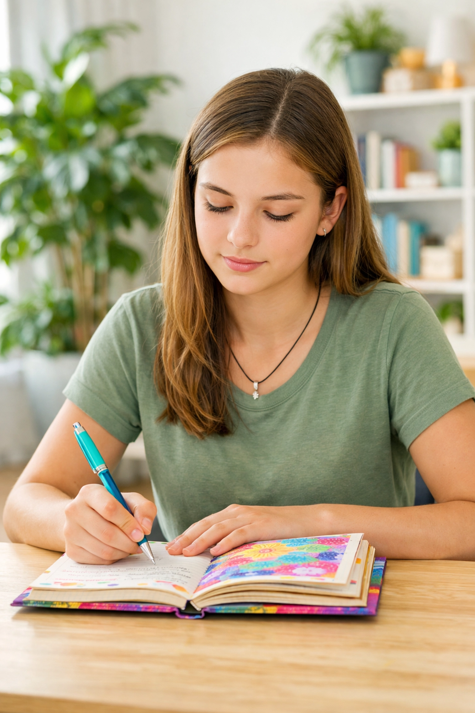 Teenage girl journaling in a bright therapy room at a residential treatment center for teens.