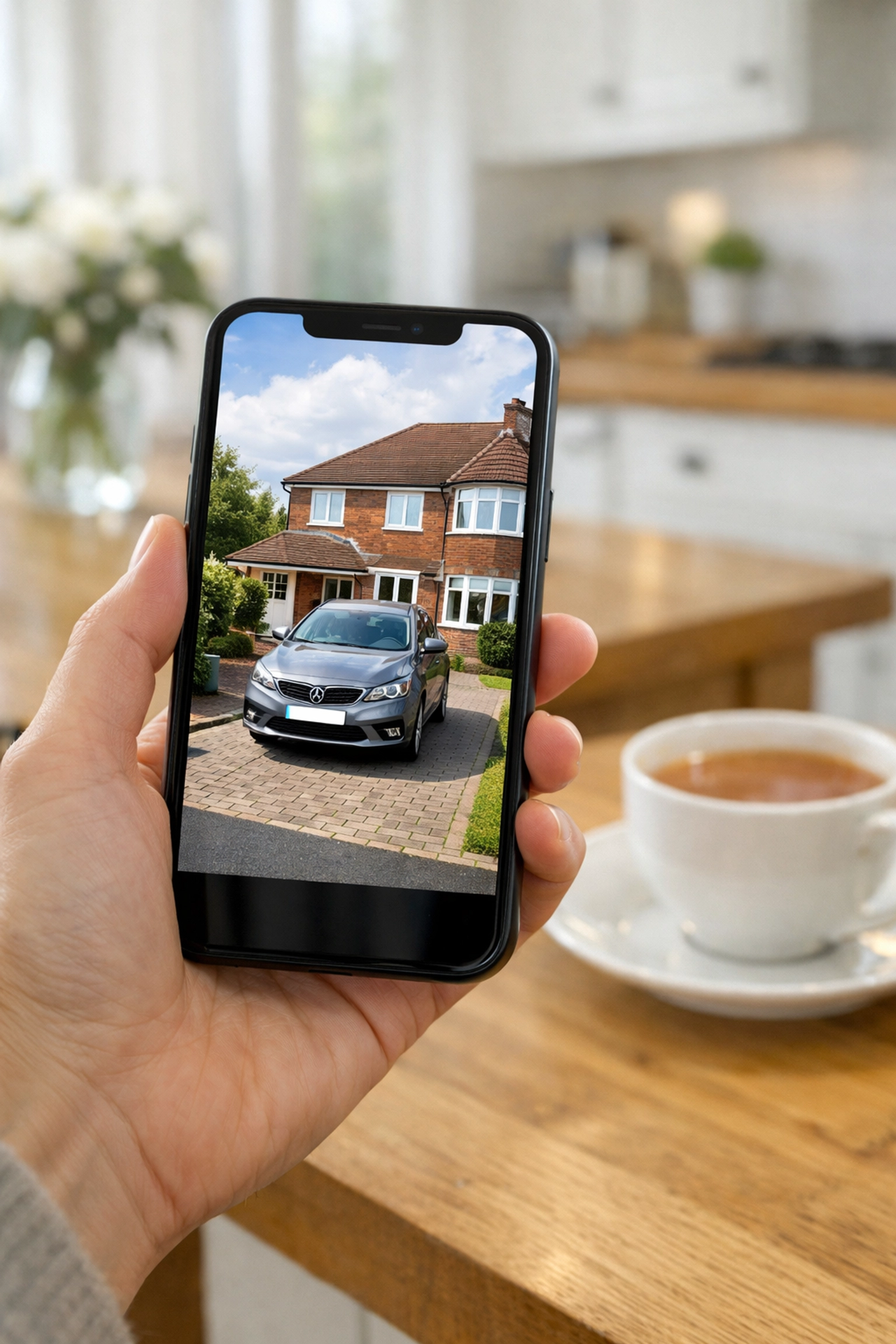 Checking high-definition CCTV footage via a mobile phone app in a modern kitchen.