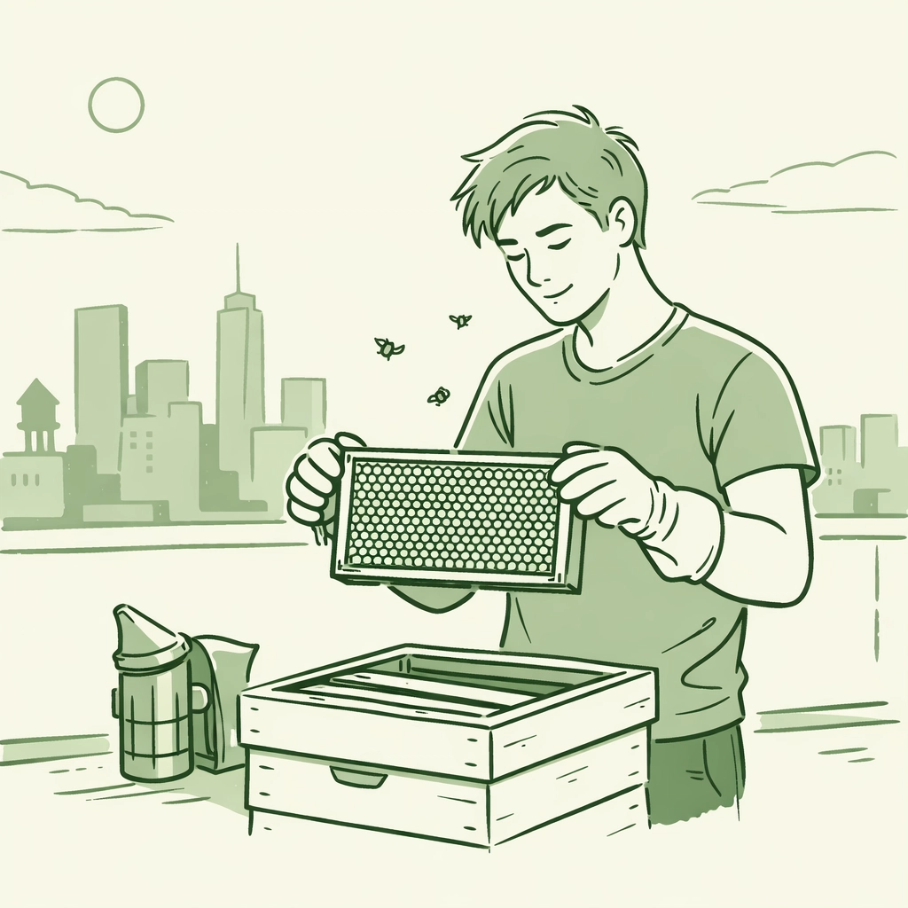 Gay man tending beehive on urban rooftop - LGBTQ+ conservation and beekeeping