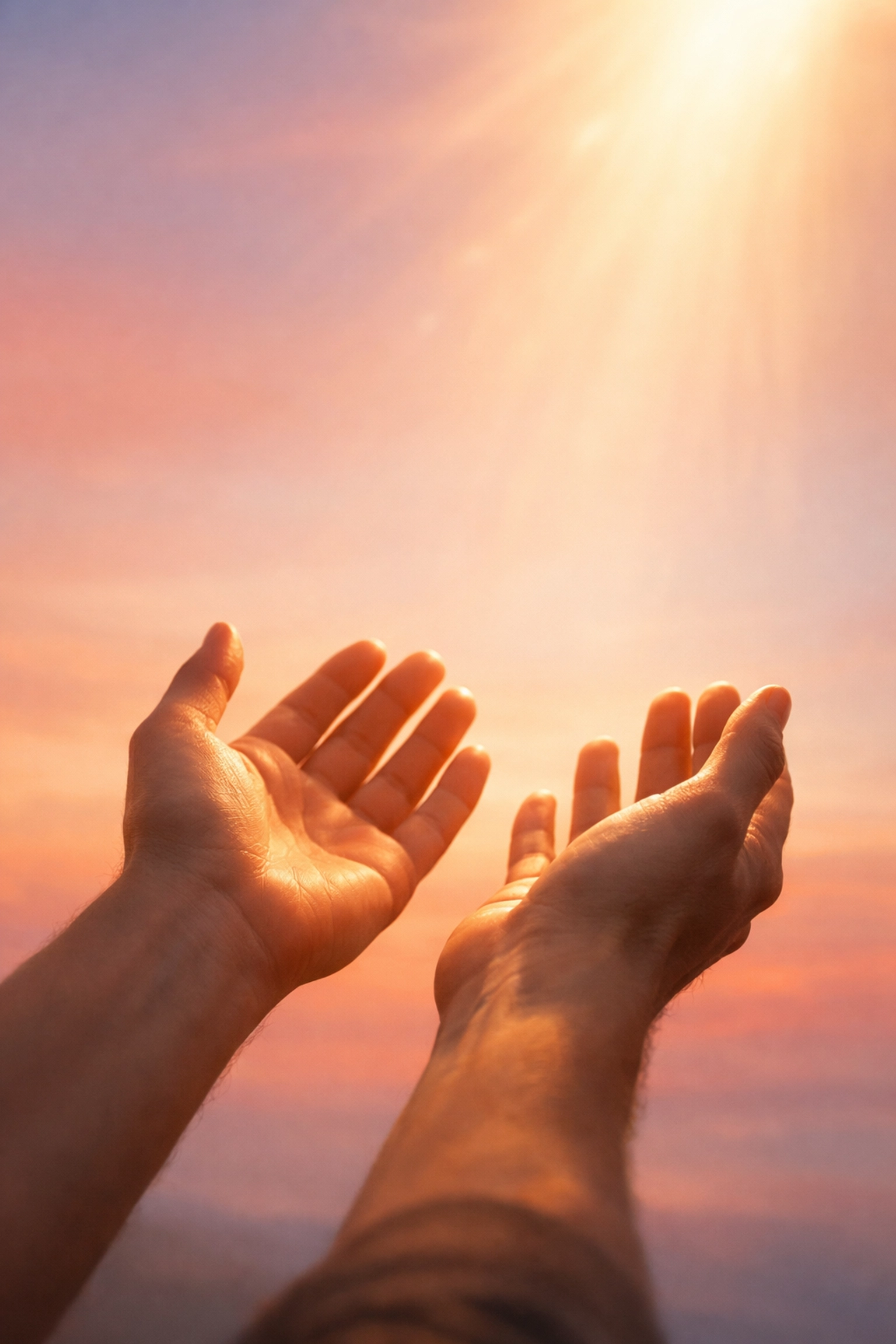 Hands reaching upward toward divine light, symbolizing prayer and hope in Jesus