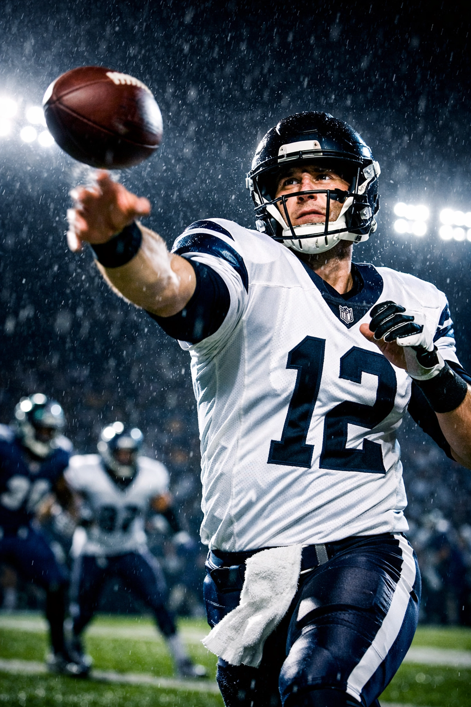Action shot of a quarterback throwing a pass under stadium lights after mastering his pre-snap read training.