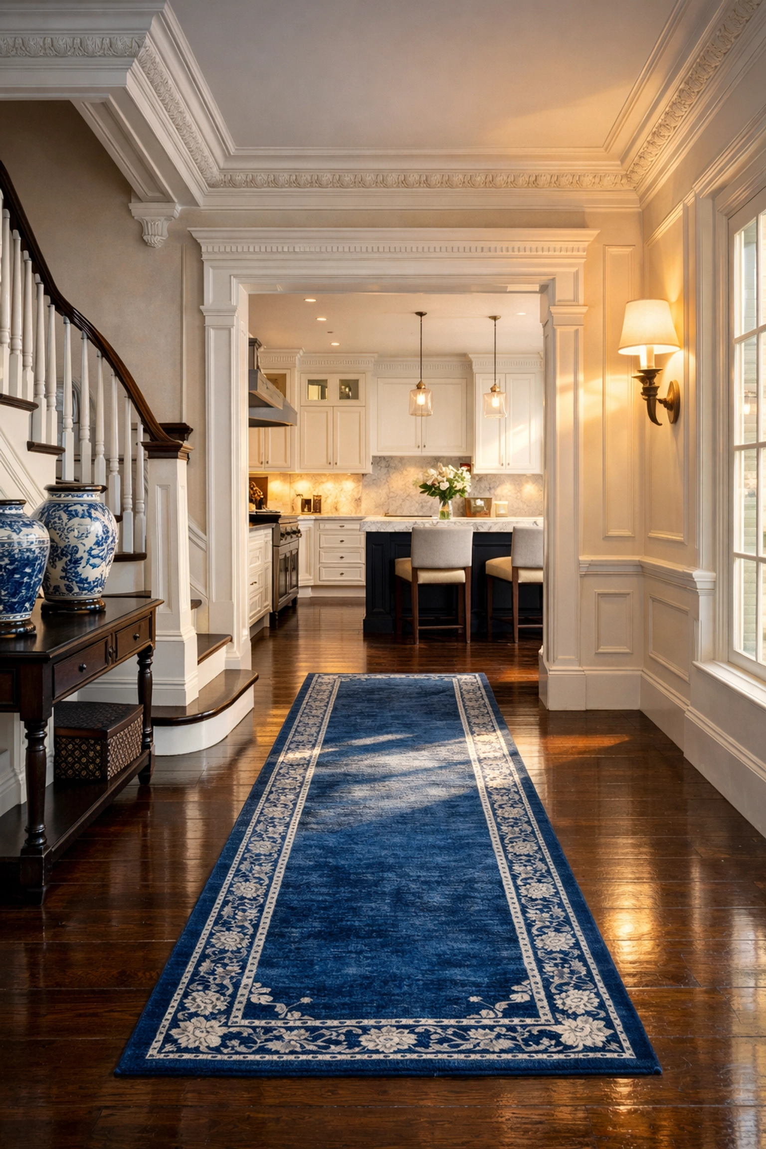Professional residential cleaning in Wenham estate featuring historic hardwood floors and white crown molding.