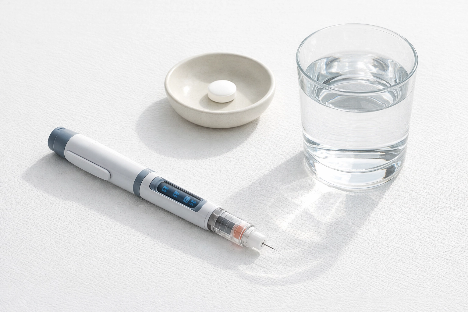 Weight loss medication options including a medical injection pen and oral pill alternatives.