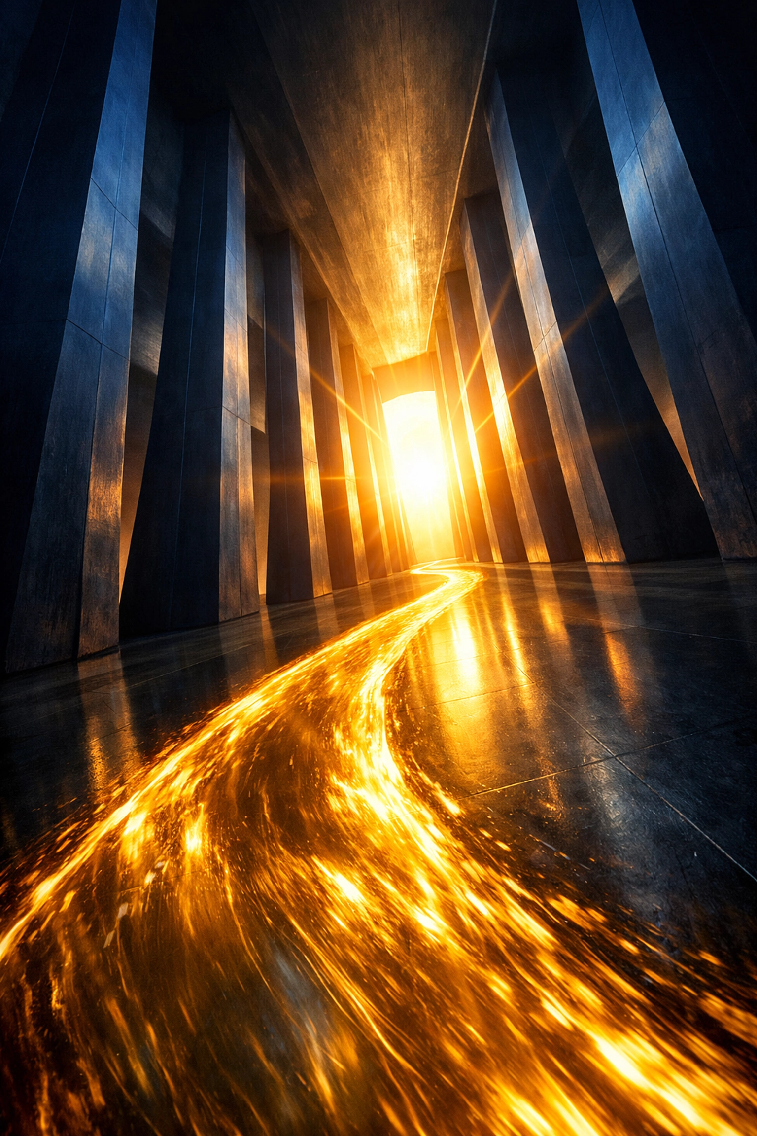 A path of golden light leading through a modern hall representing the journey of becoming a more impactful leader.