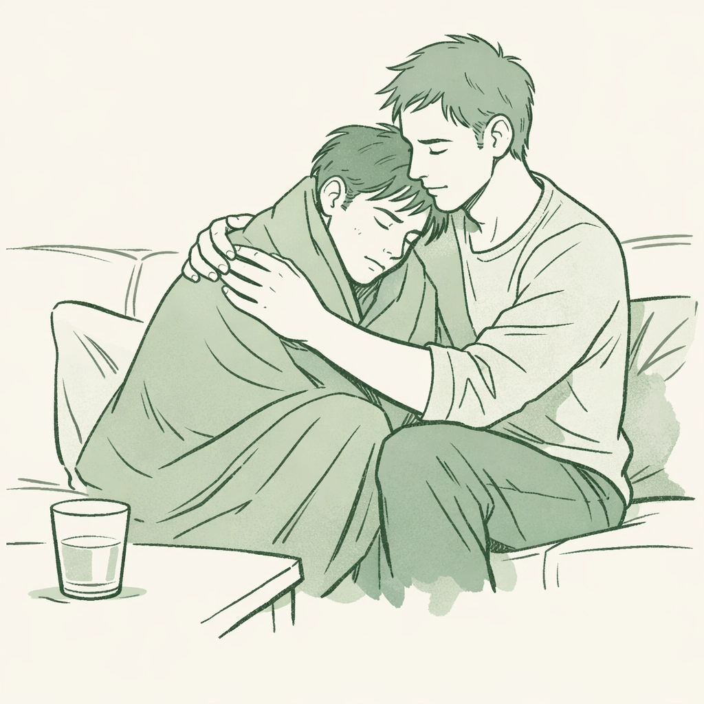 MM aftercare scene with handler comforting pup after intense play session