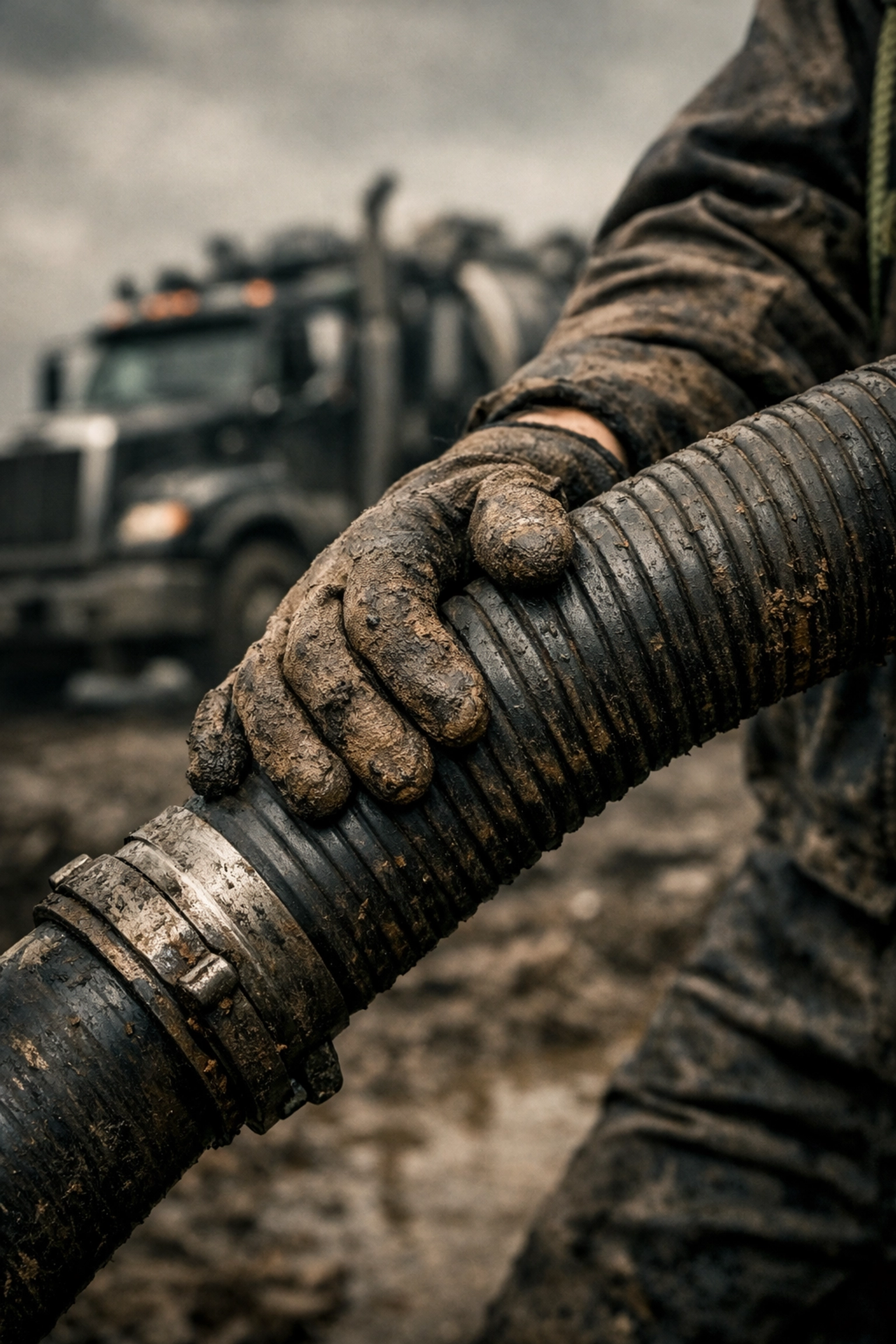 Hydrovac operator's hands holding a vacuum hose on a construction site, representing a service-first approach.