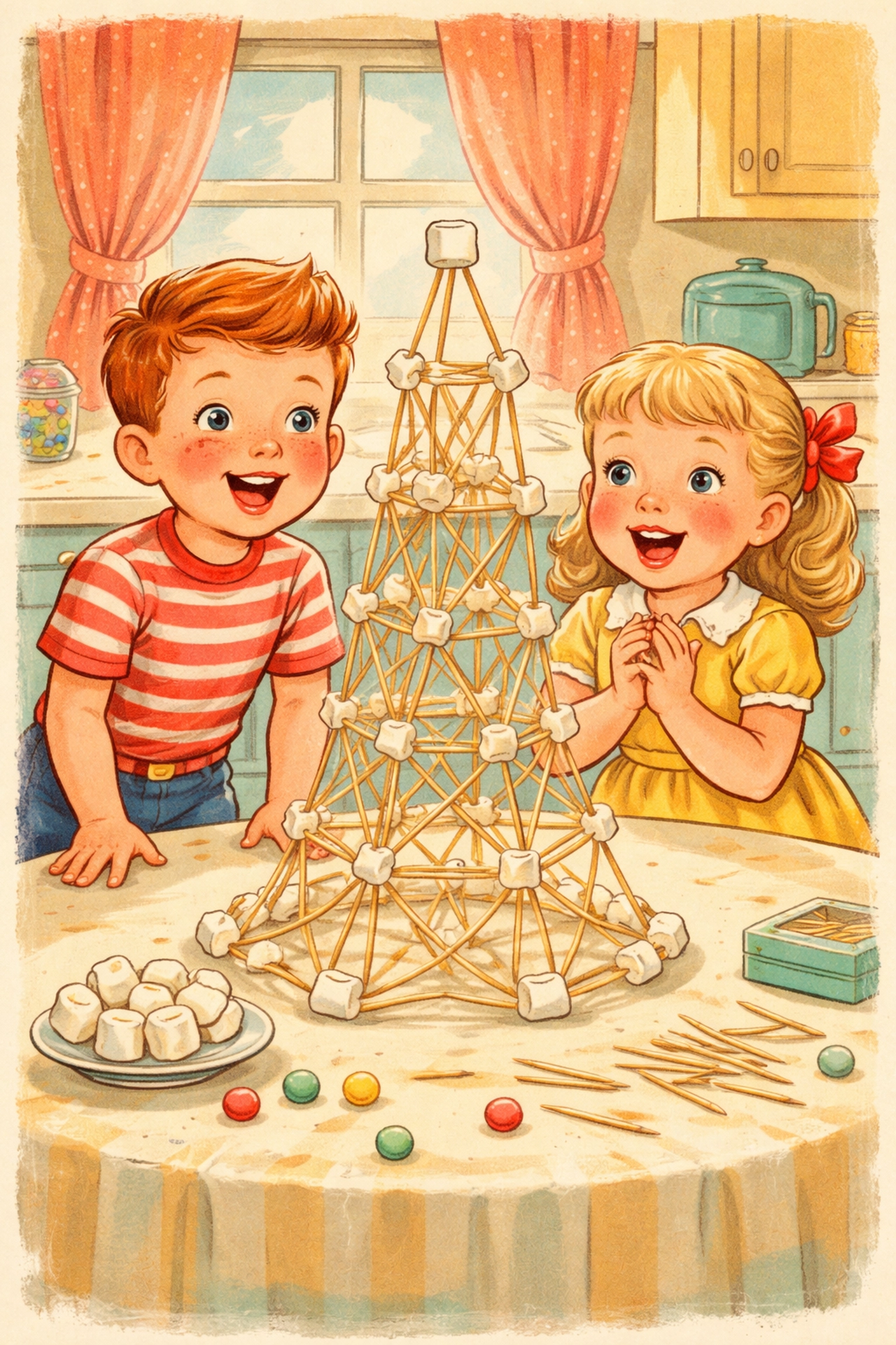 Two children proudly showing their finished marshmallow and toothpick tower with a sturdy wide base