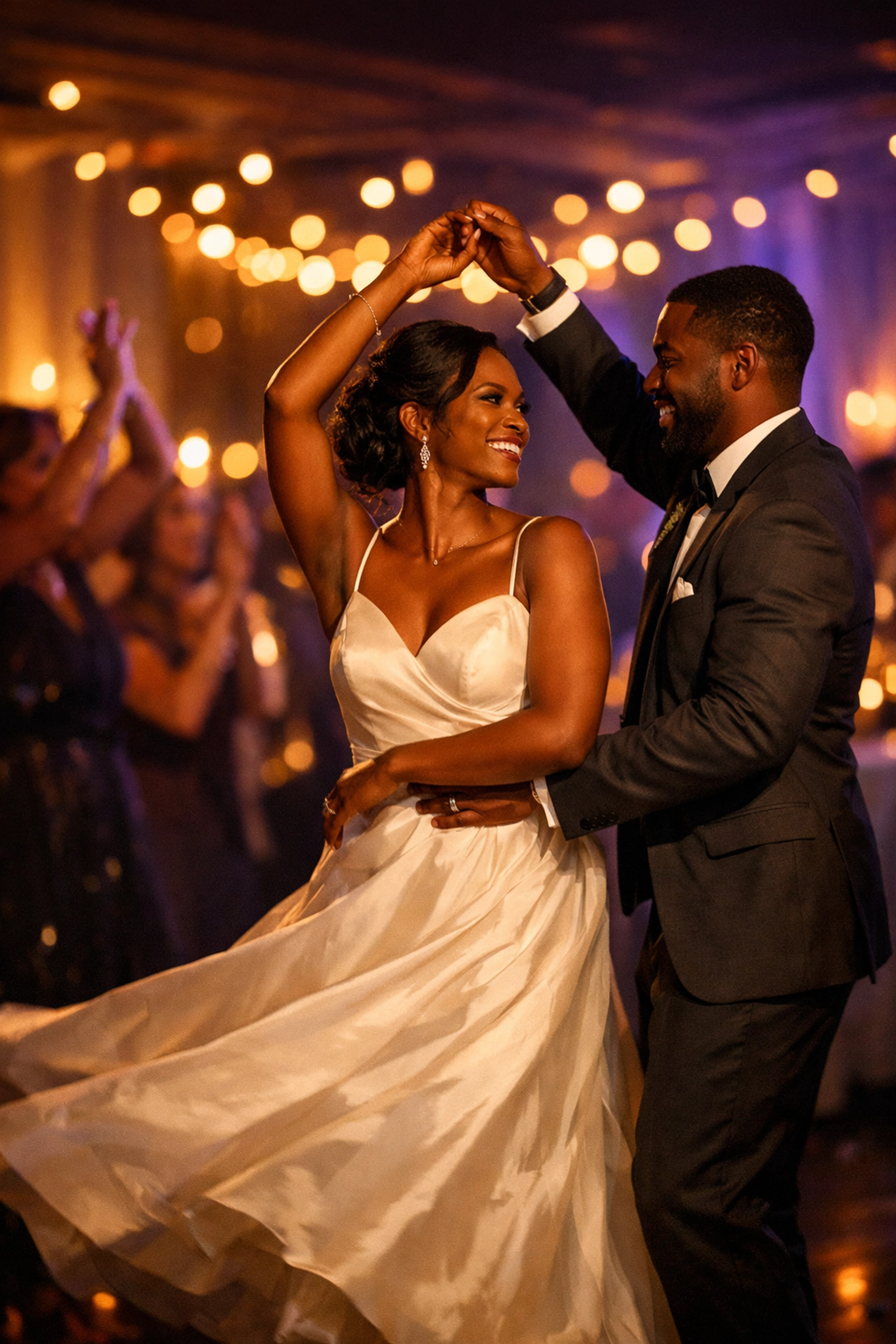 Elegant couple sharing their first dance at a wedding reception with warm lighting and celebrating guests