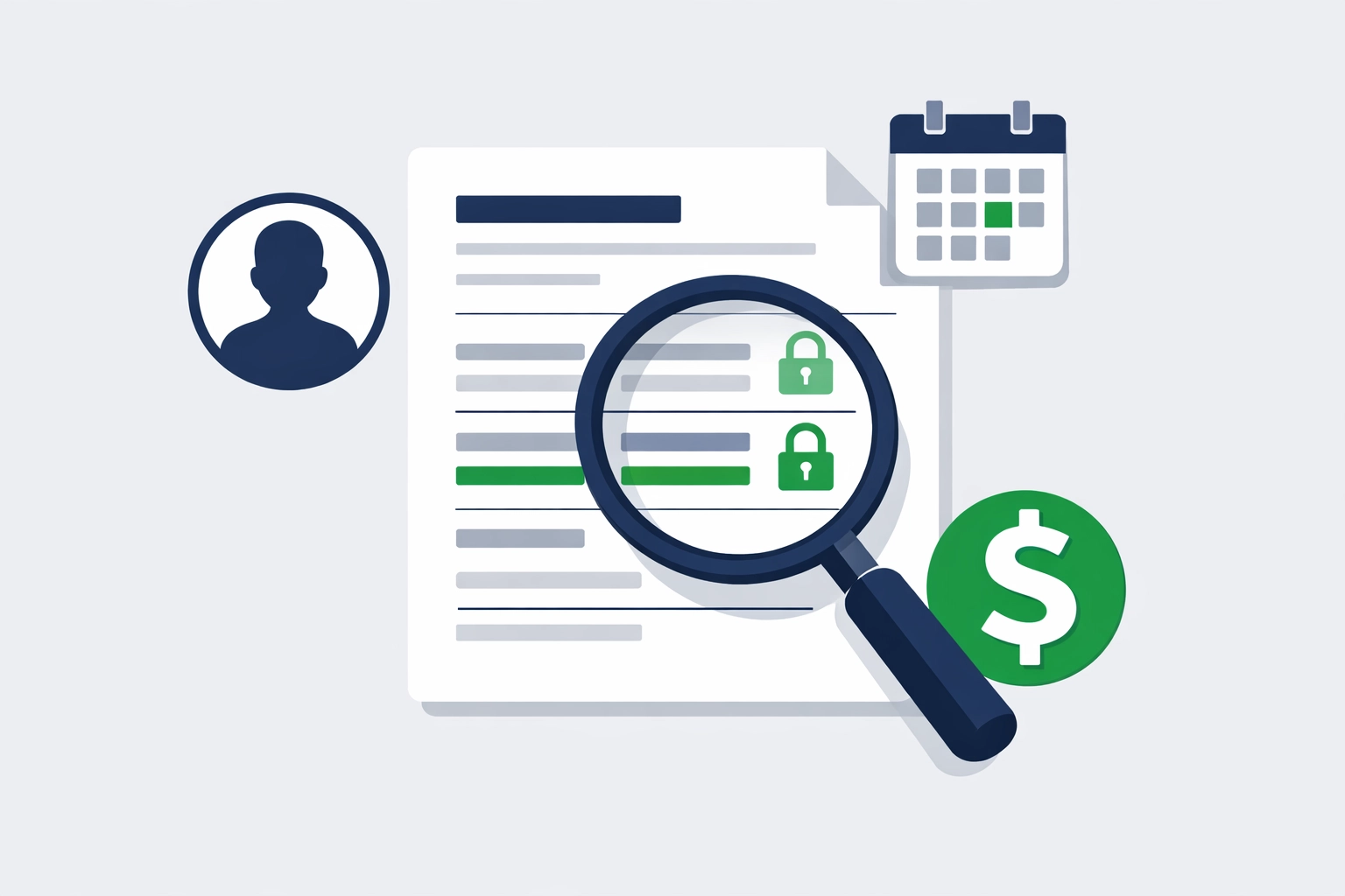 Digital document with magnifying glass showing icons for filing status and 2026 tax refund amount verification.