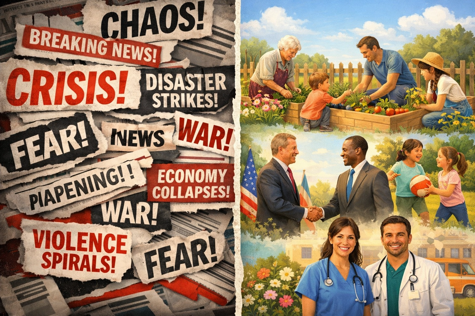 Contrast between chaotic news headlines and calm, organized breakfast brief stories