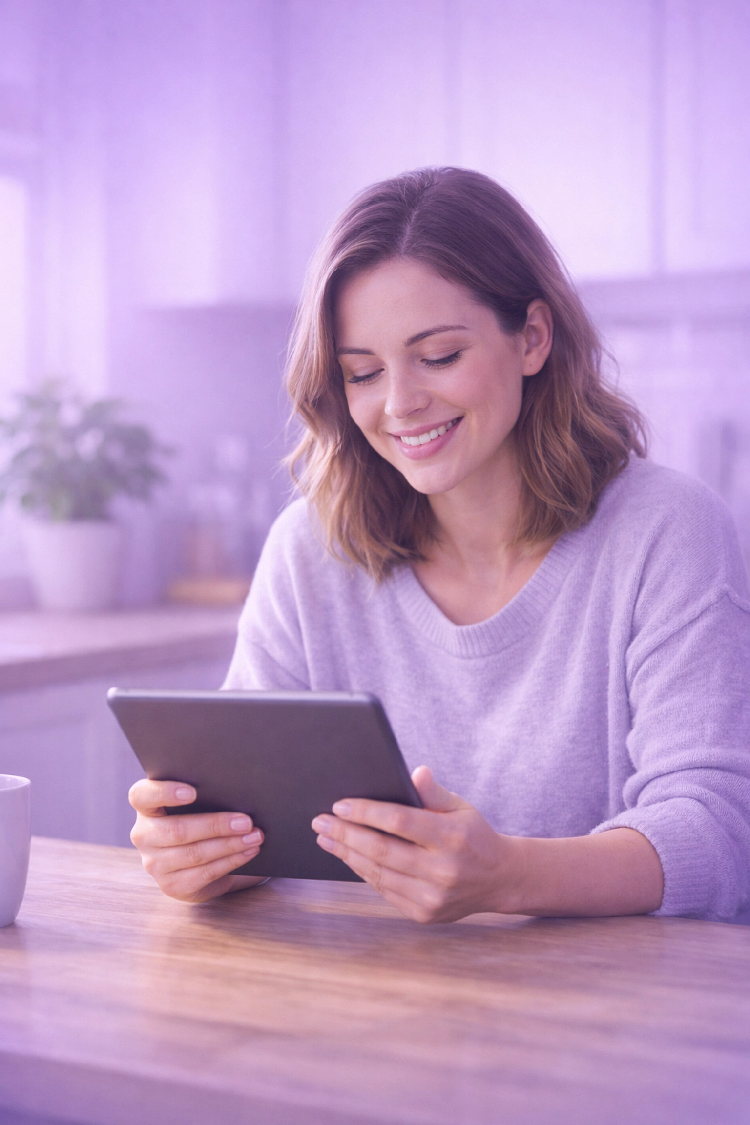 Woman smiling at tablet while calculating lower 2025 payday loans Canada interest rates.