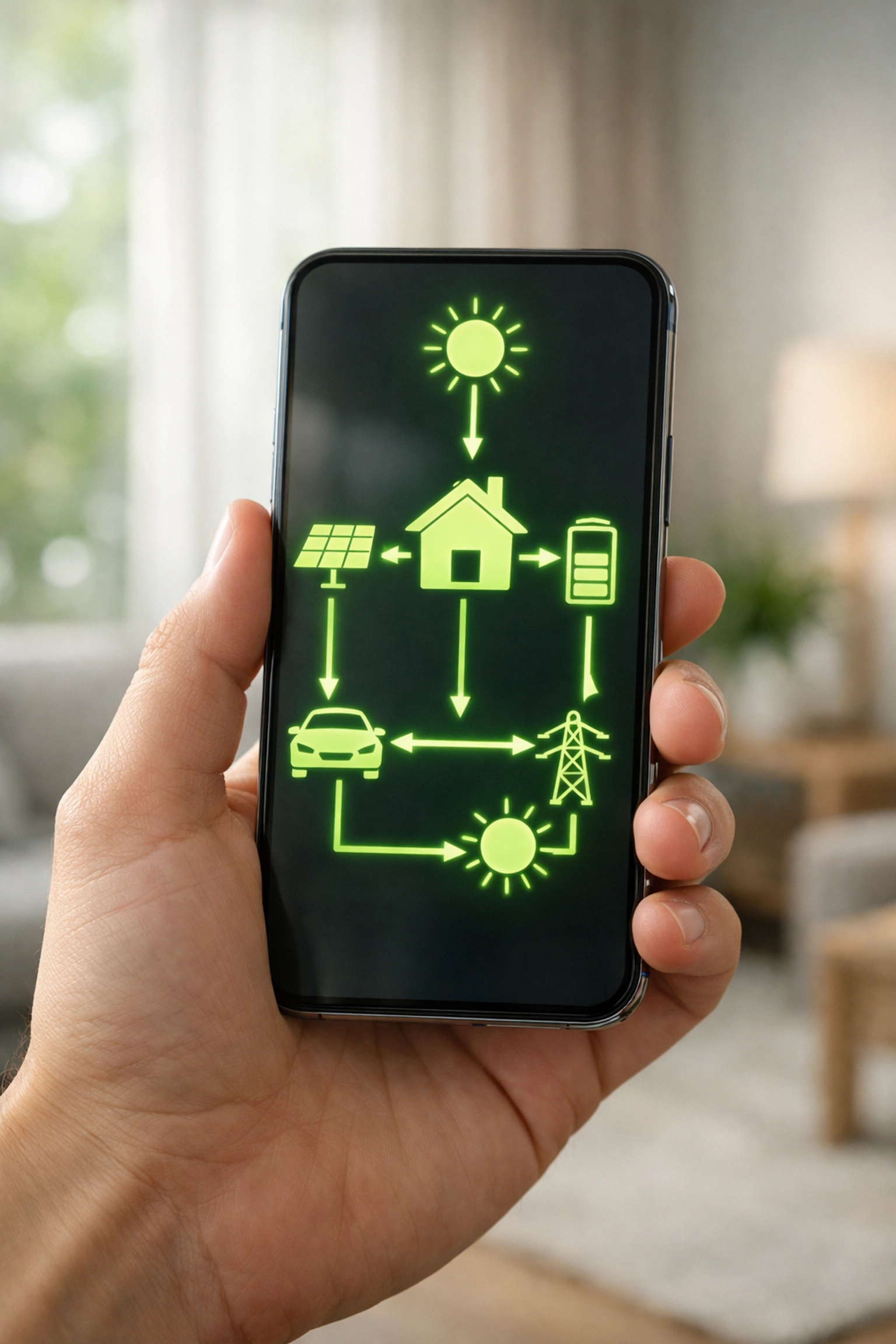 Smartphone app showing real-time solar energy flow and smart battery management.