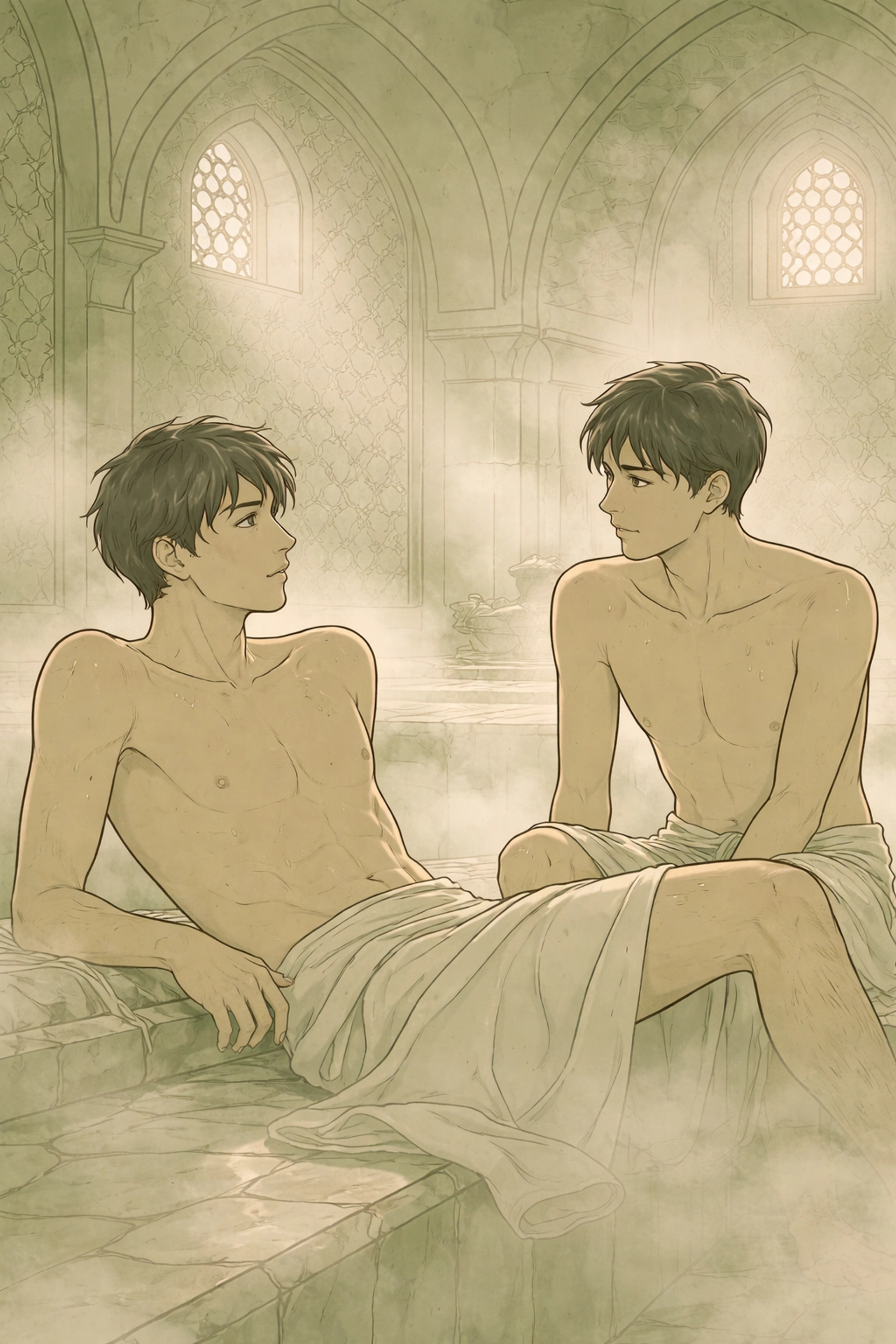 Two men share a quiet, intimate moment in an Ottoman hammam, highlighting daily life in Topkapi Palace