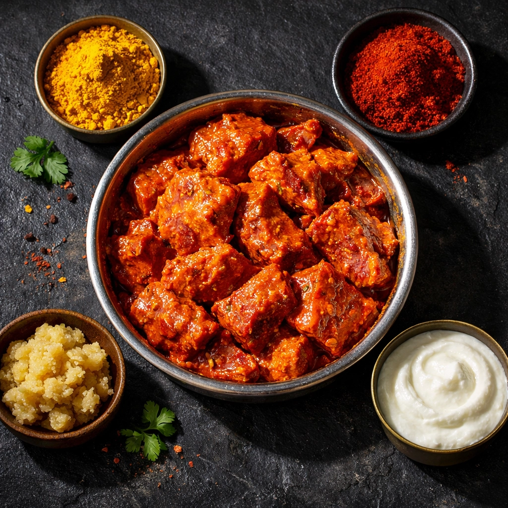 Marinated mutton pieces with yogurt and spices for authentic Hyderabadi curry