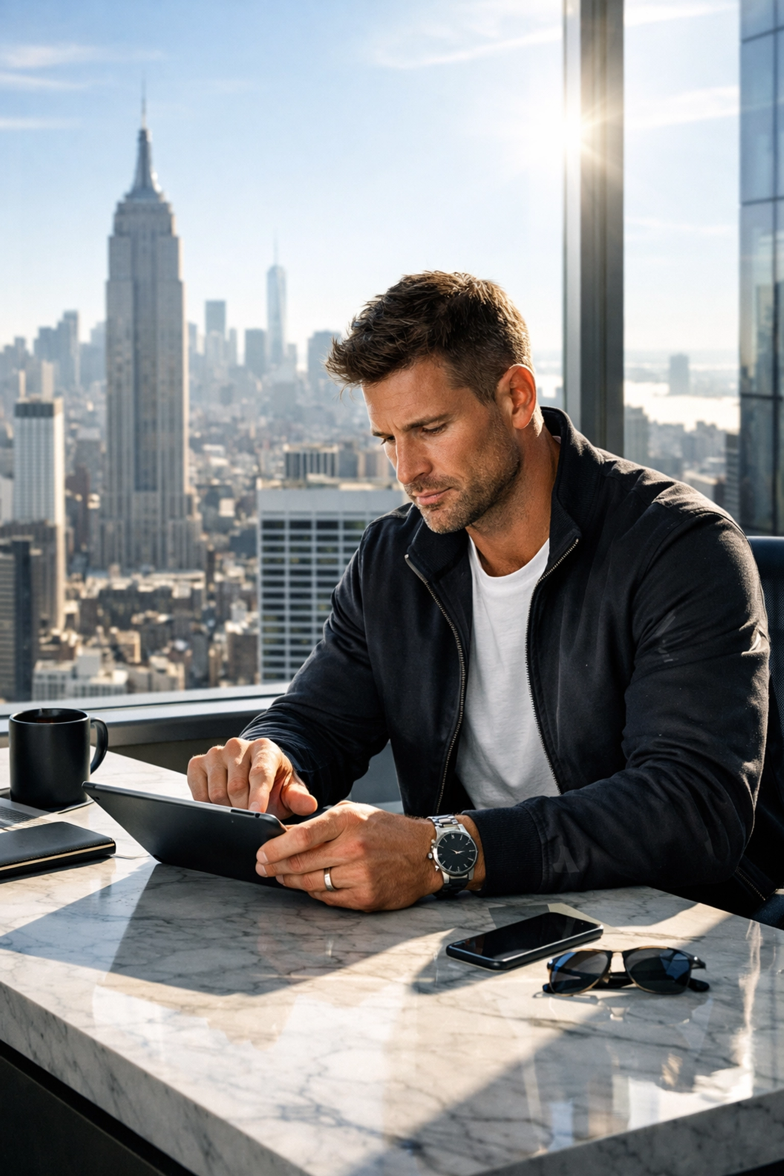 A professional athlete manages their NIL brand strategy in a modern office following a major sports event.