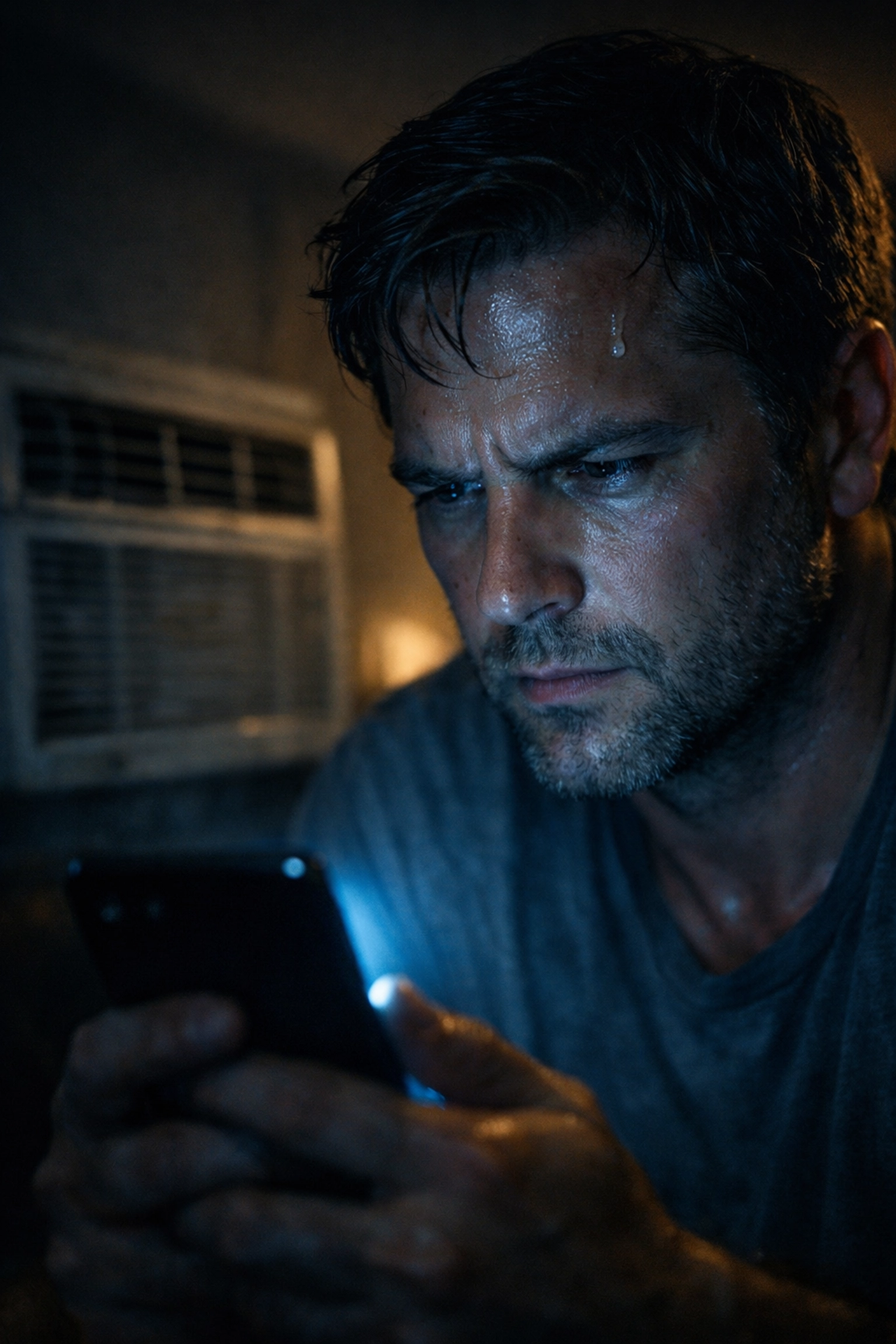 Stressed homeowner searching for emergency HVAC repair on a smartphone at night.
