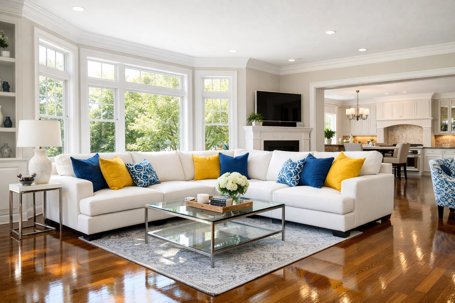 Bright living room with clean floors and no dust after professional weekly house cleaning in Franklin.