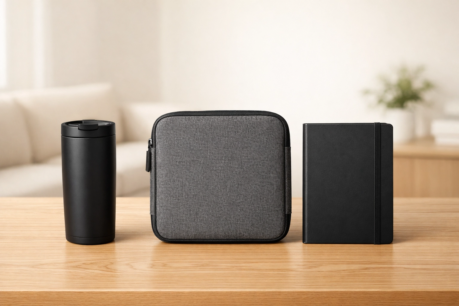 A clean, organized employee onboarding kit featuring premium branded merchandise for new hires.