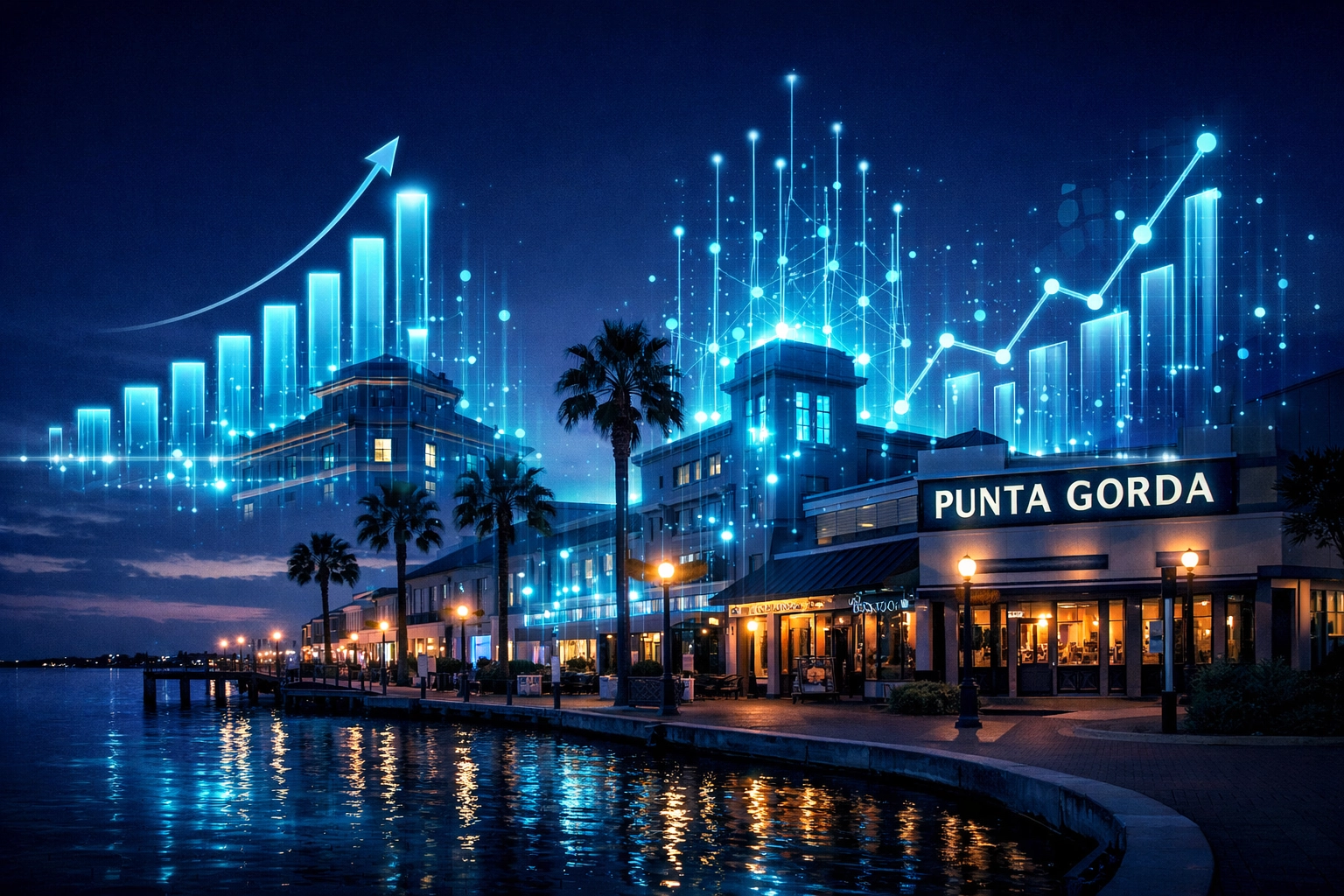 Visualized growth data over Punta Gorda streets reflecting digital assets in a business valuation.