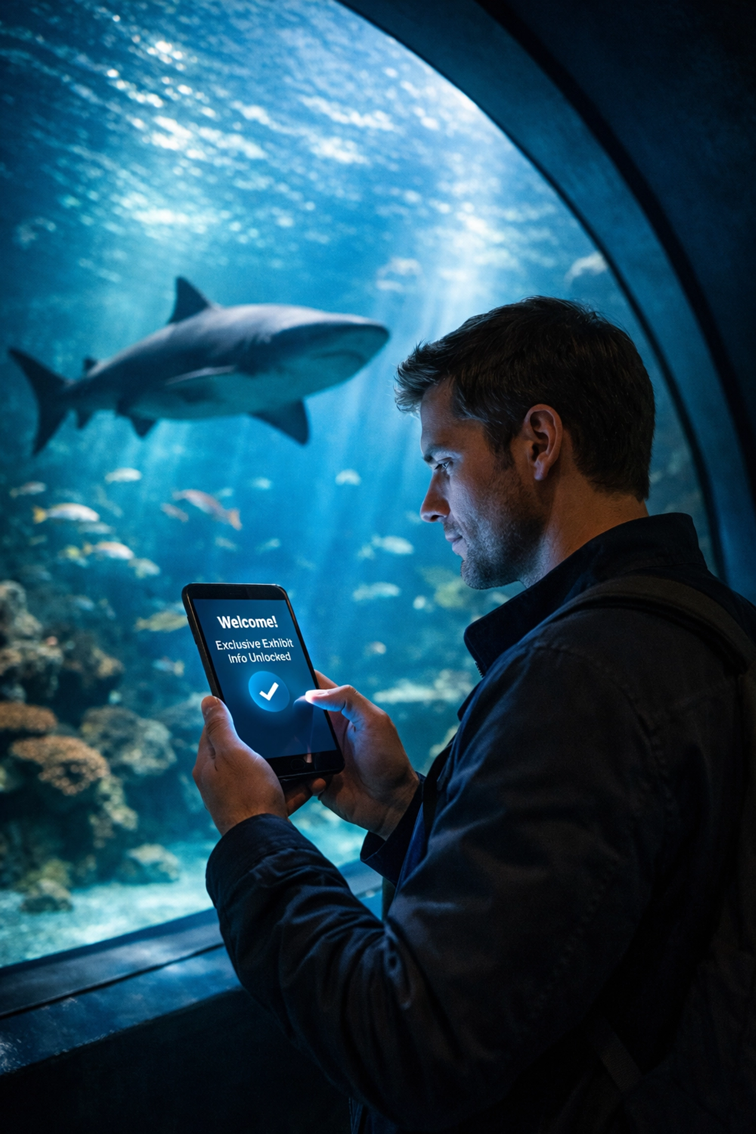 Visitor interacting with smart aquarium technology via smartphone in an immersive underwater tunnel.