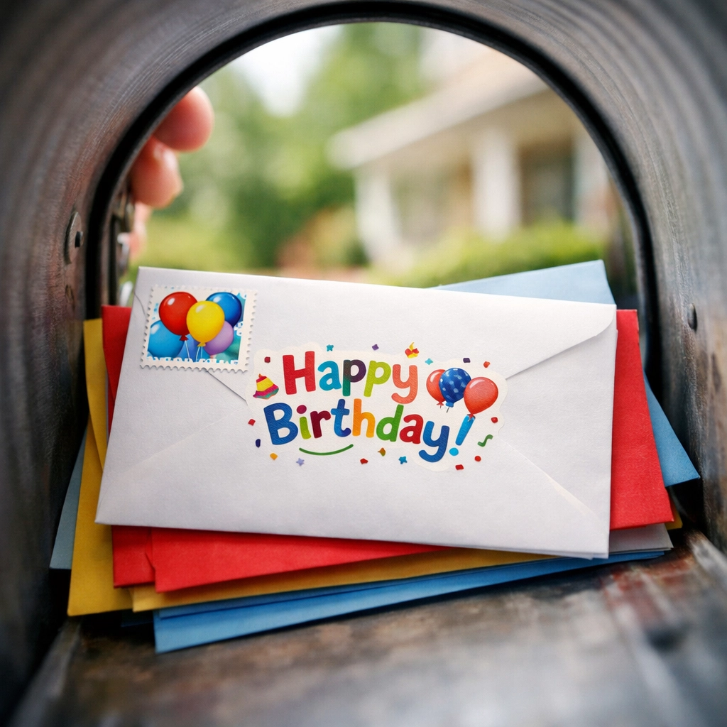 Mailbox opening to reveal colorful birthday letters for senior recipient