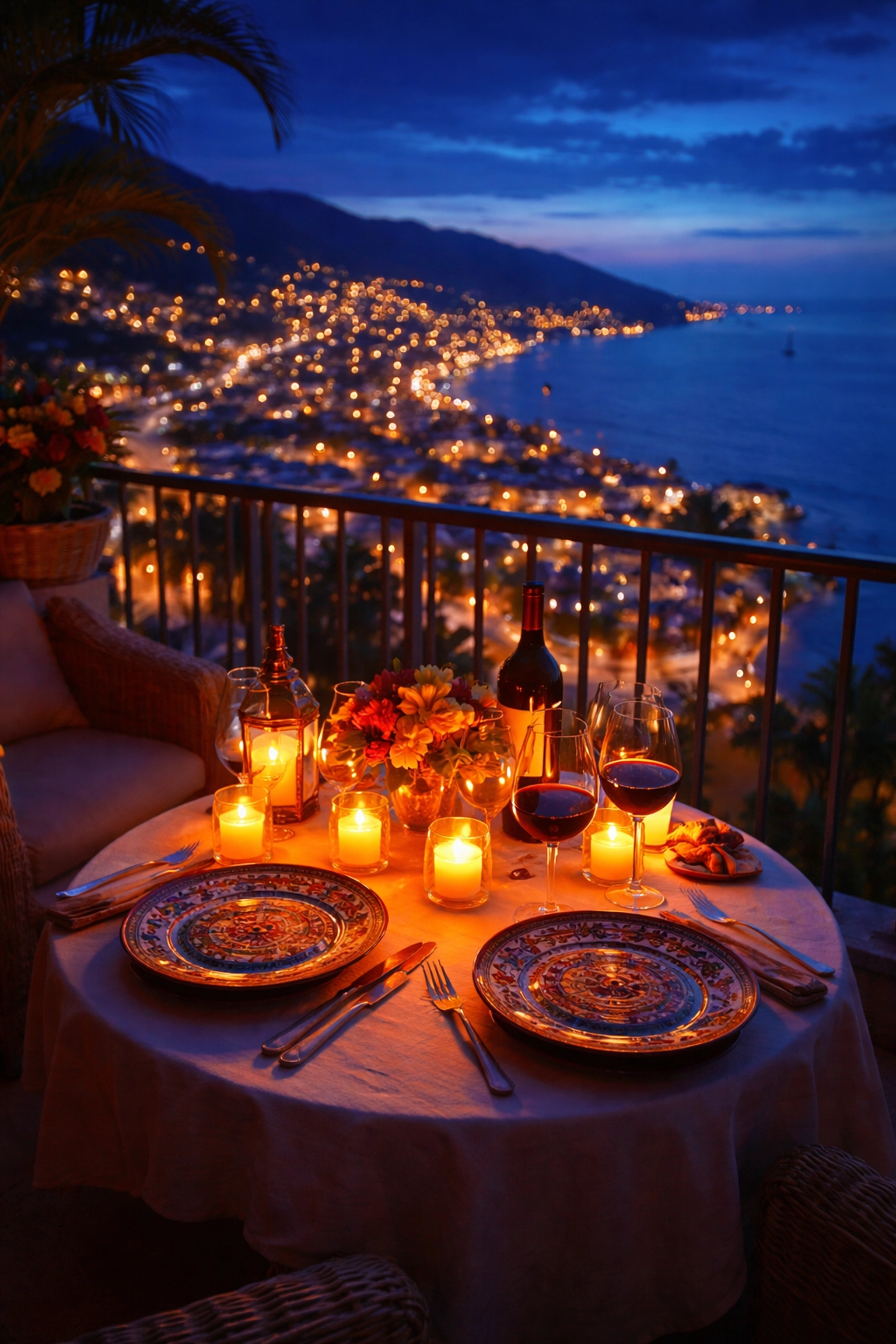 Candlelit dinner on a private balcony overlooking Puerto Vallarta bay, showcasing romantic condo rental ambiance