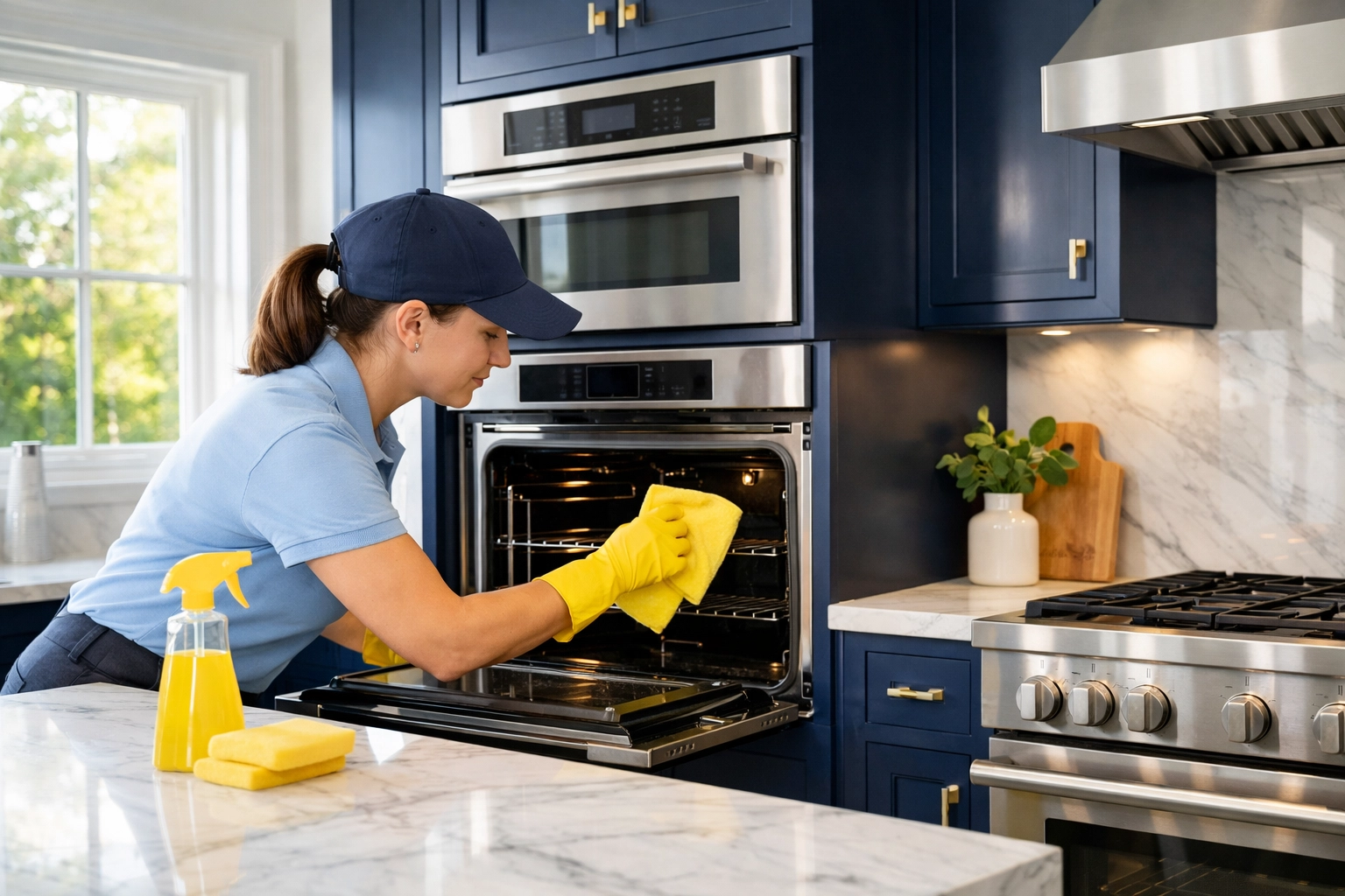 Professional cleaner performing deep cleaning Lincoln and Carlisle in a luxury kitchen with marble countertops.