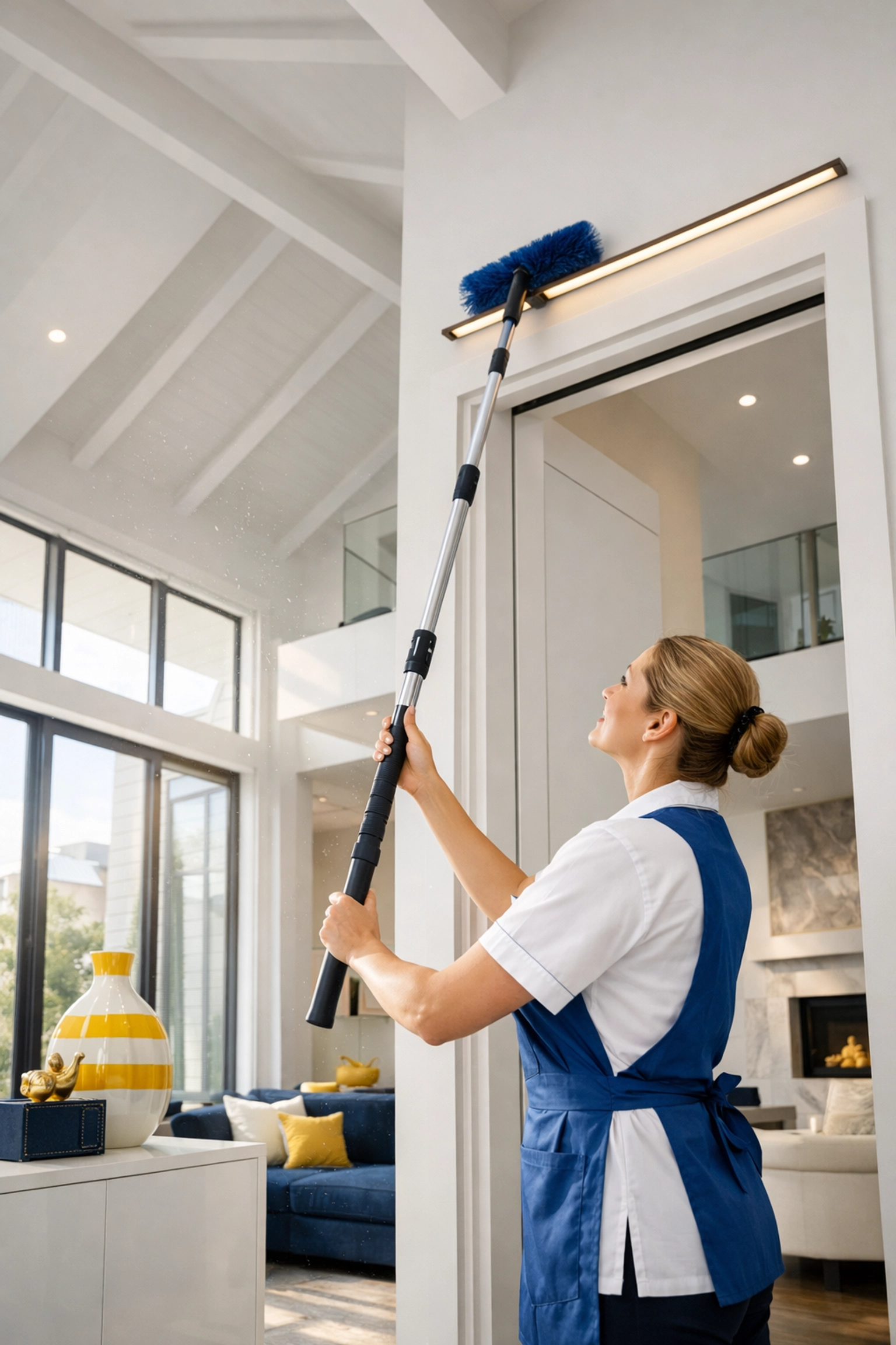 A professional cleaner removing fine dust from high-reach areas during post construction cleaning in Milford.