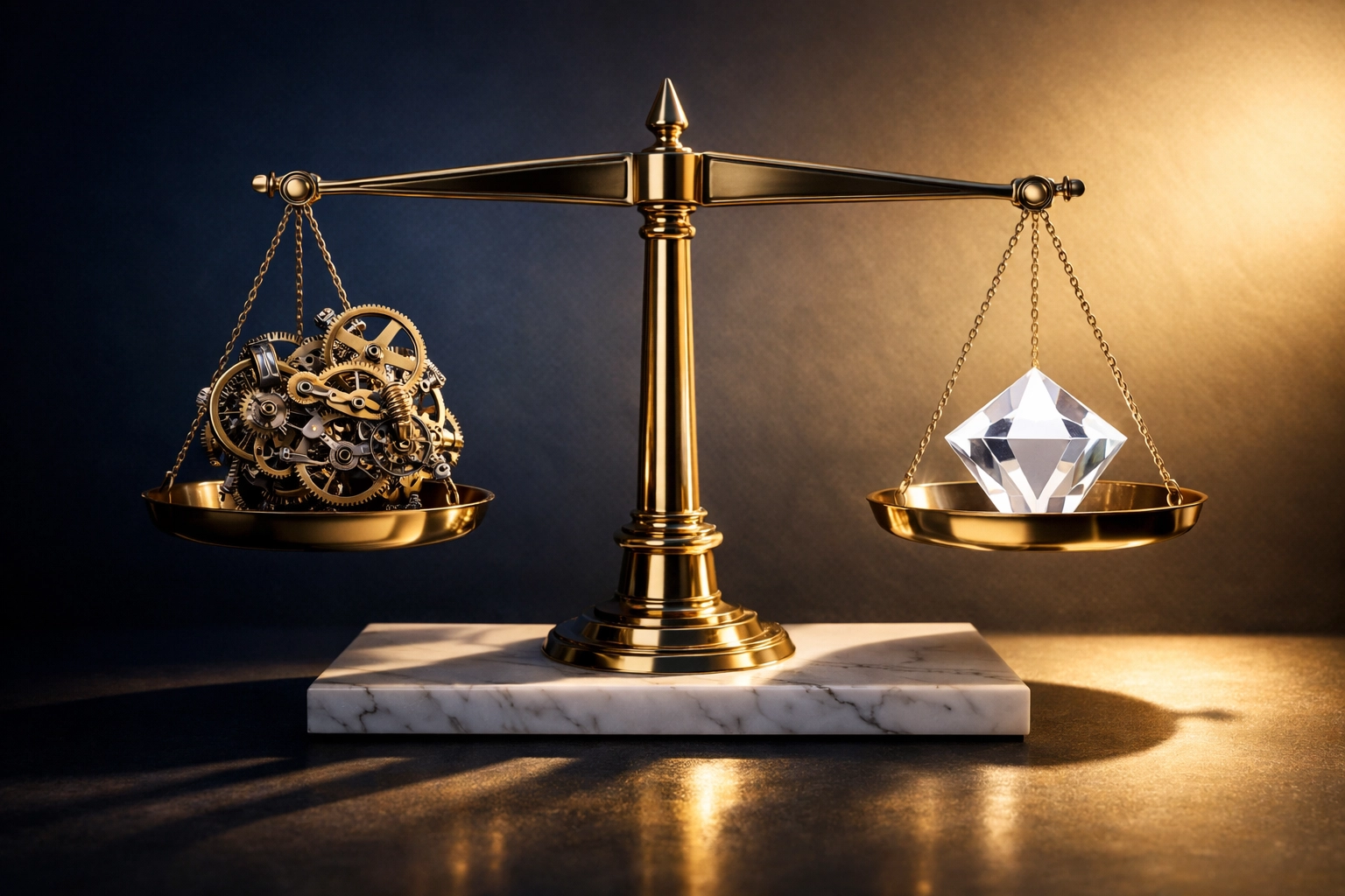 Balance scale showing simplicity versus complexity in wealth management strategy