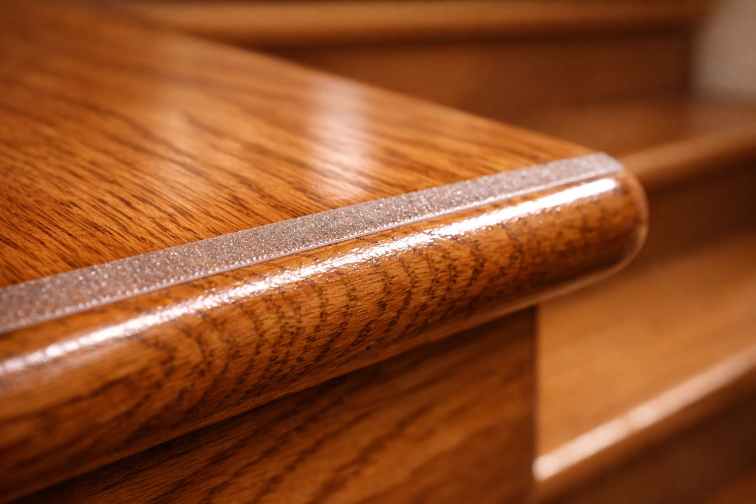 Transparent non-slip tread strip on a wooden stair edge to improve grip and prevent falls.